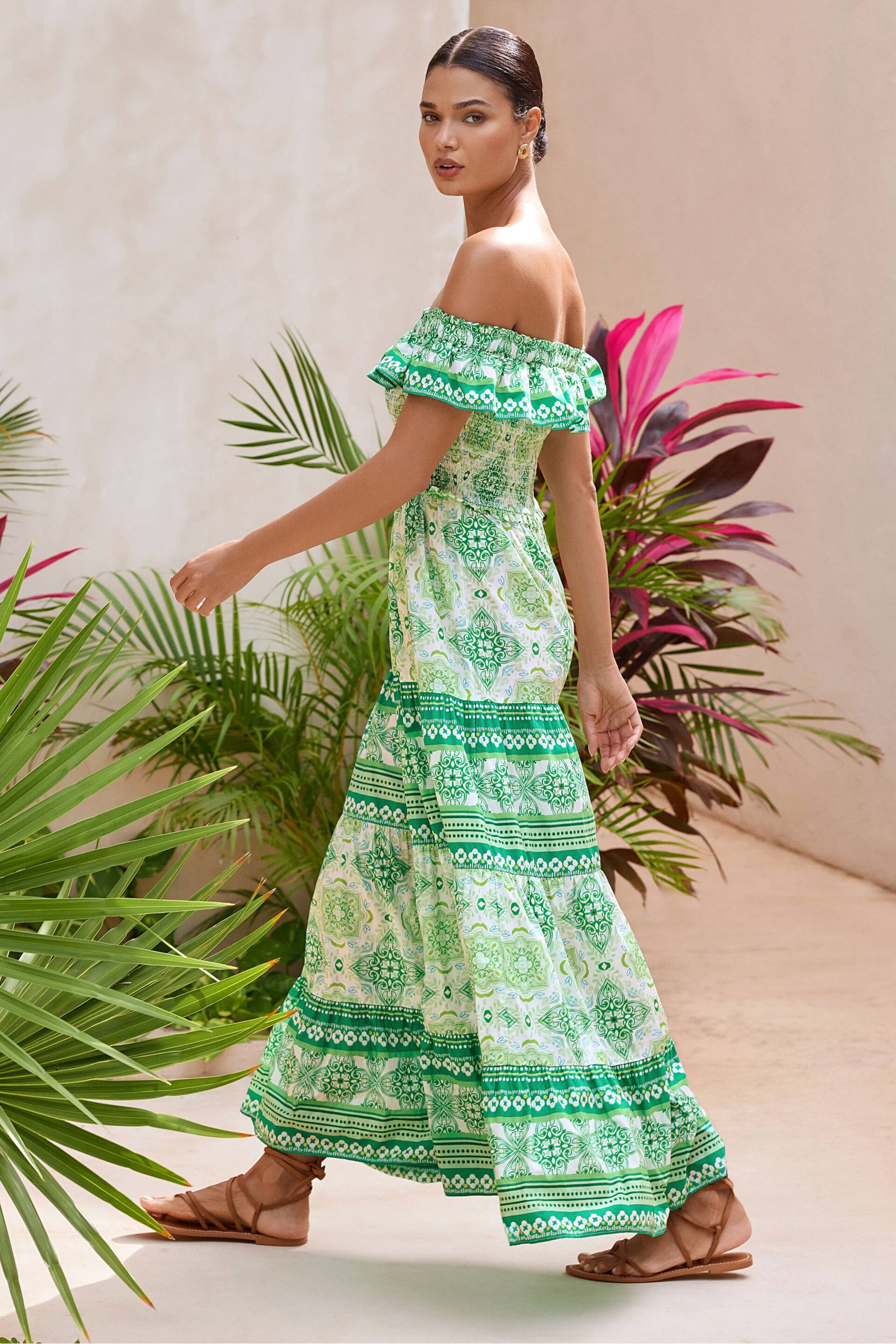 Lipsy Green Shirred Bardot Tiered Maxi Holiday Dress - Image 3 of 4
