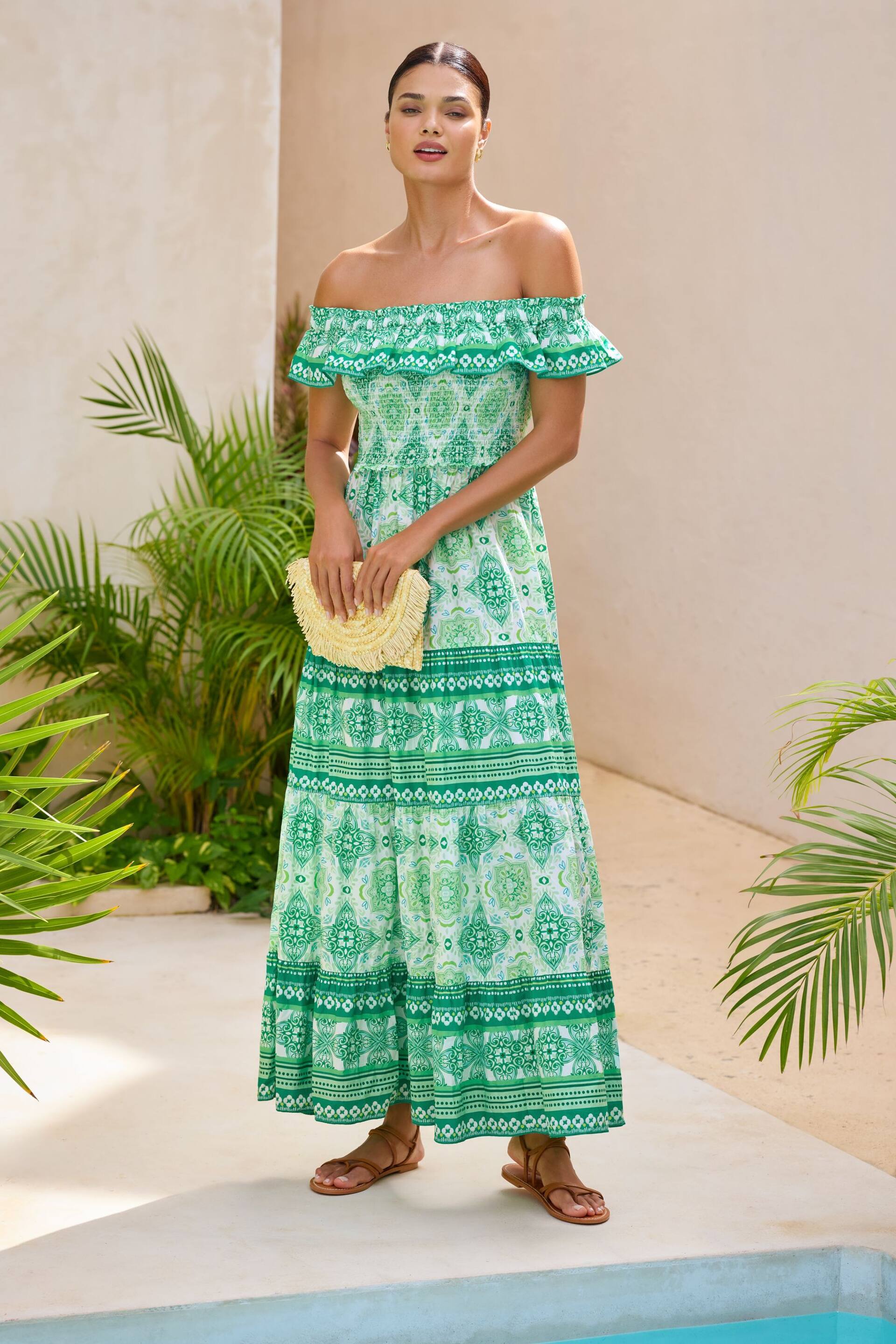 Lipsy Green Shirred Bardot Tiered Maxi Holiday Dress - Image 4 of 4