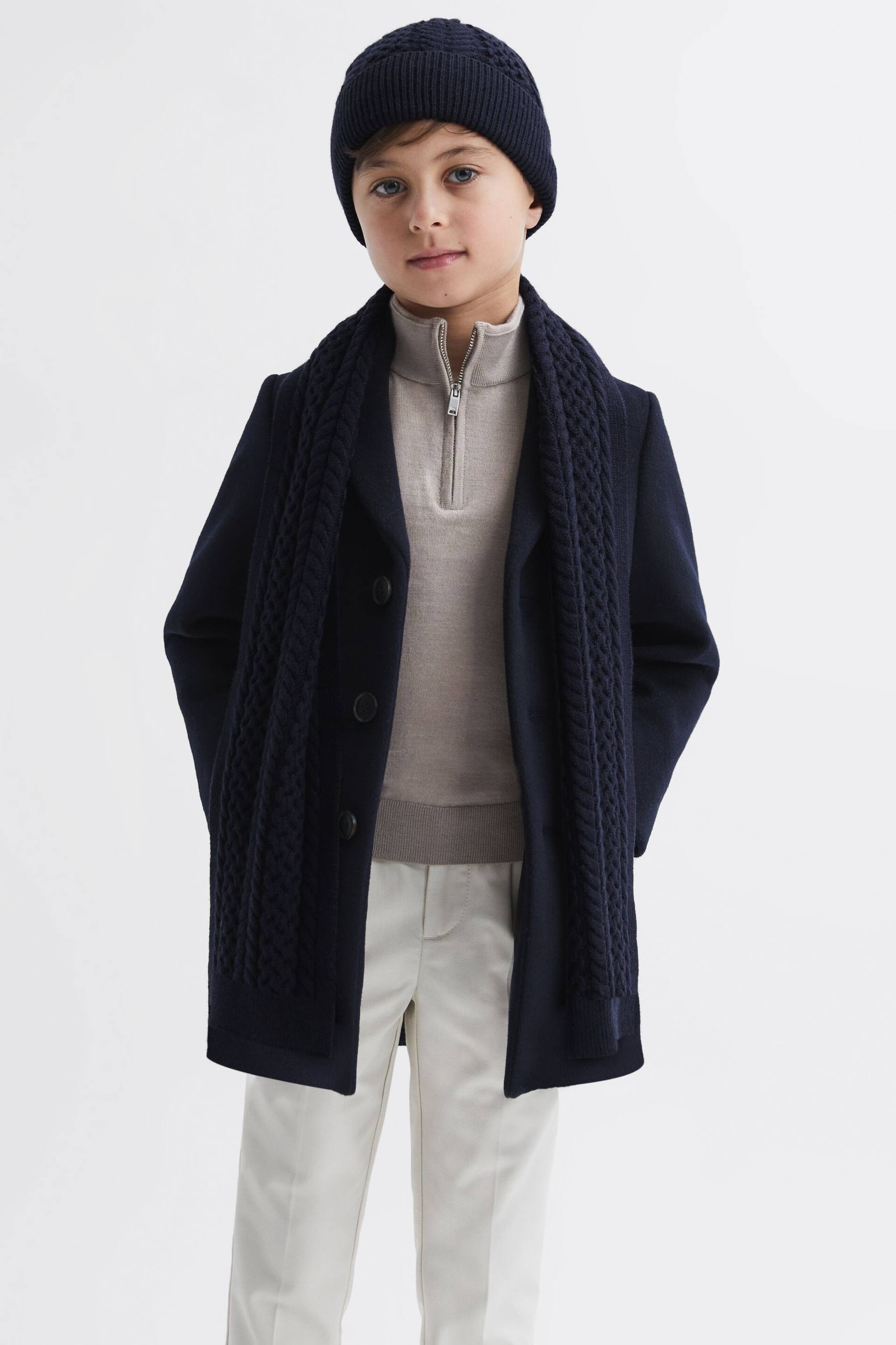 Reiss Navy Heath Junior Knitted Scarf and Beanie Hat Set - Image 2 of 5