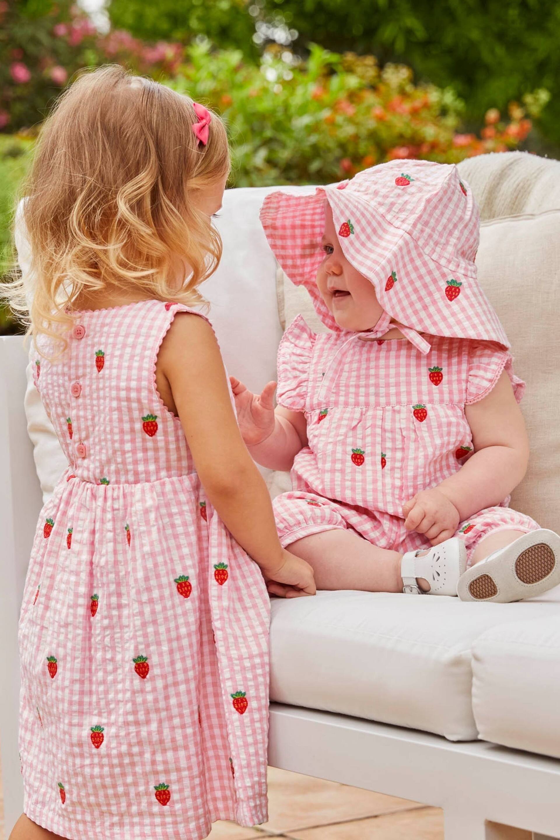 JoJo Maman Bébé Pink Gingham Strawberry Embroidered Pretty Sunsuit - Image 2 of 5