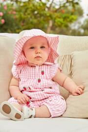 JoJo Maman Bébé Pink Gingham Strawberry Embroidered Pretty Sunsuit - Image 3 of 5