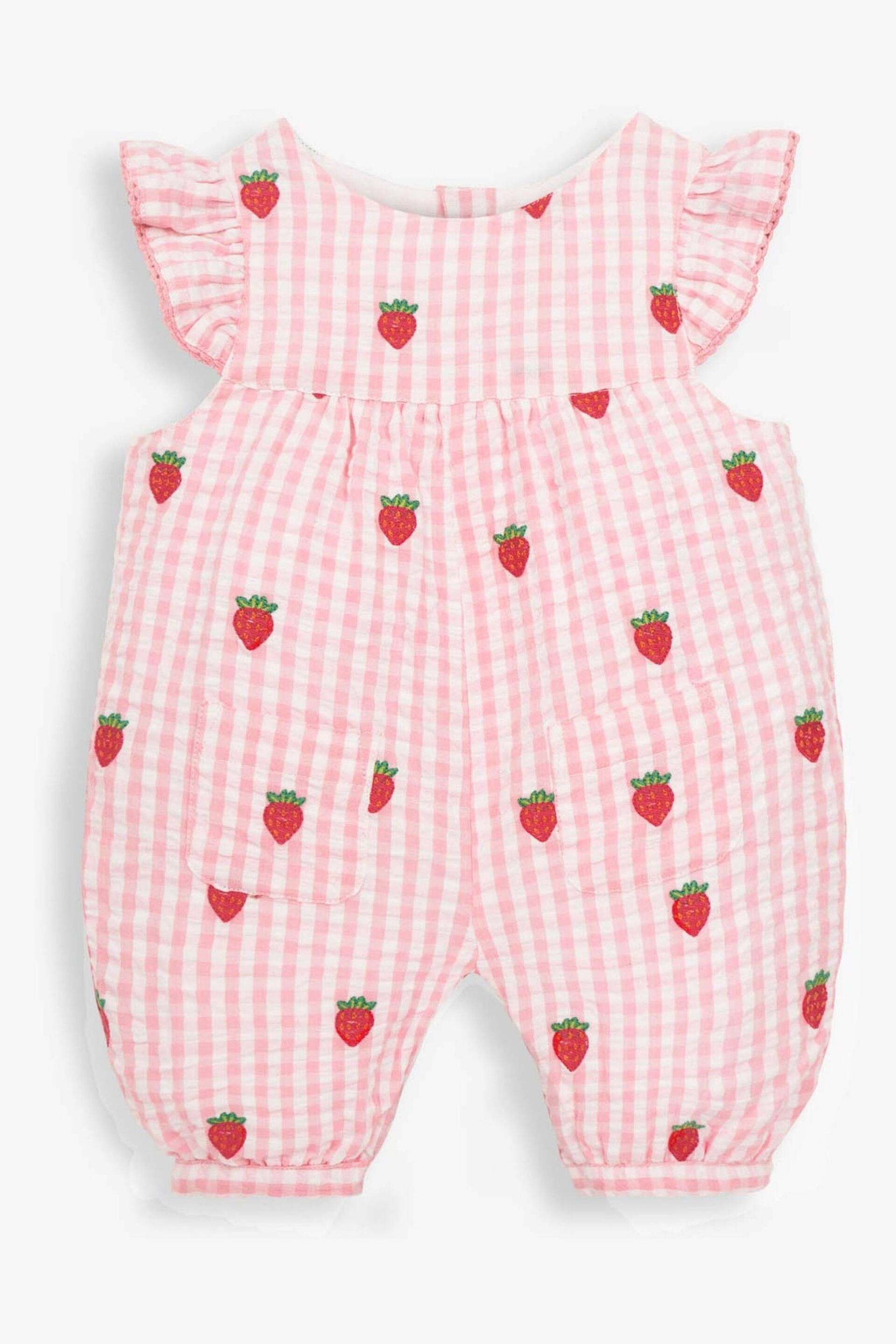 JoJo Maman Bébé Pink Gingham Strawberry Embroidered Pretty Sunsuit - Image 4 of 5