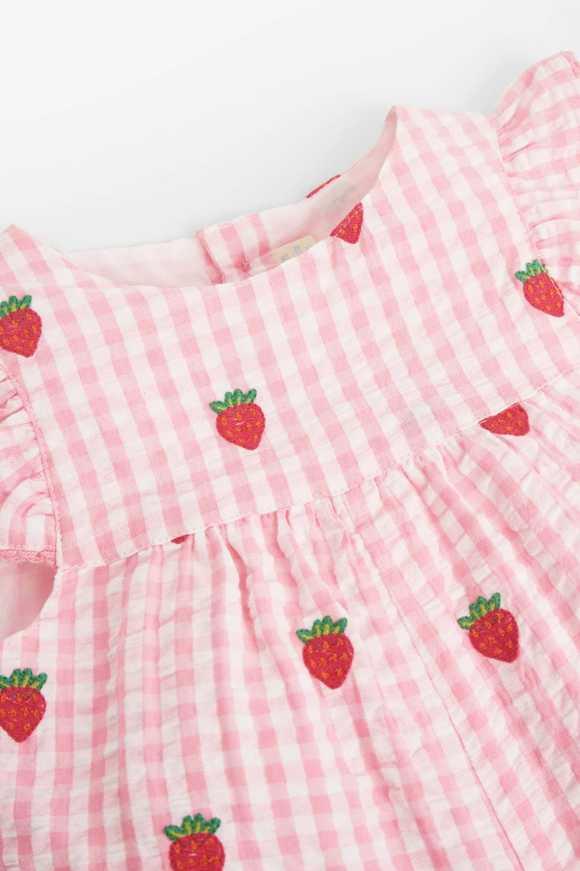 JoJo Maman Bébé Pink Gingham Strawberry Embroidered Pretty Sunsuit - Image 5 of 5