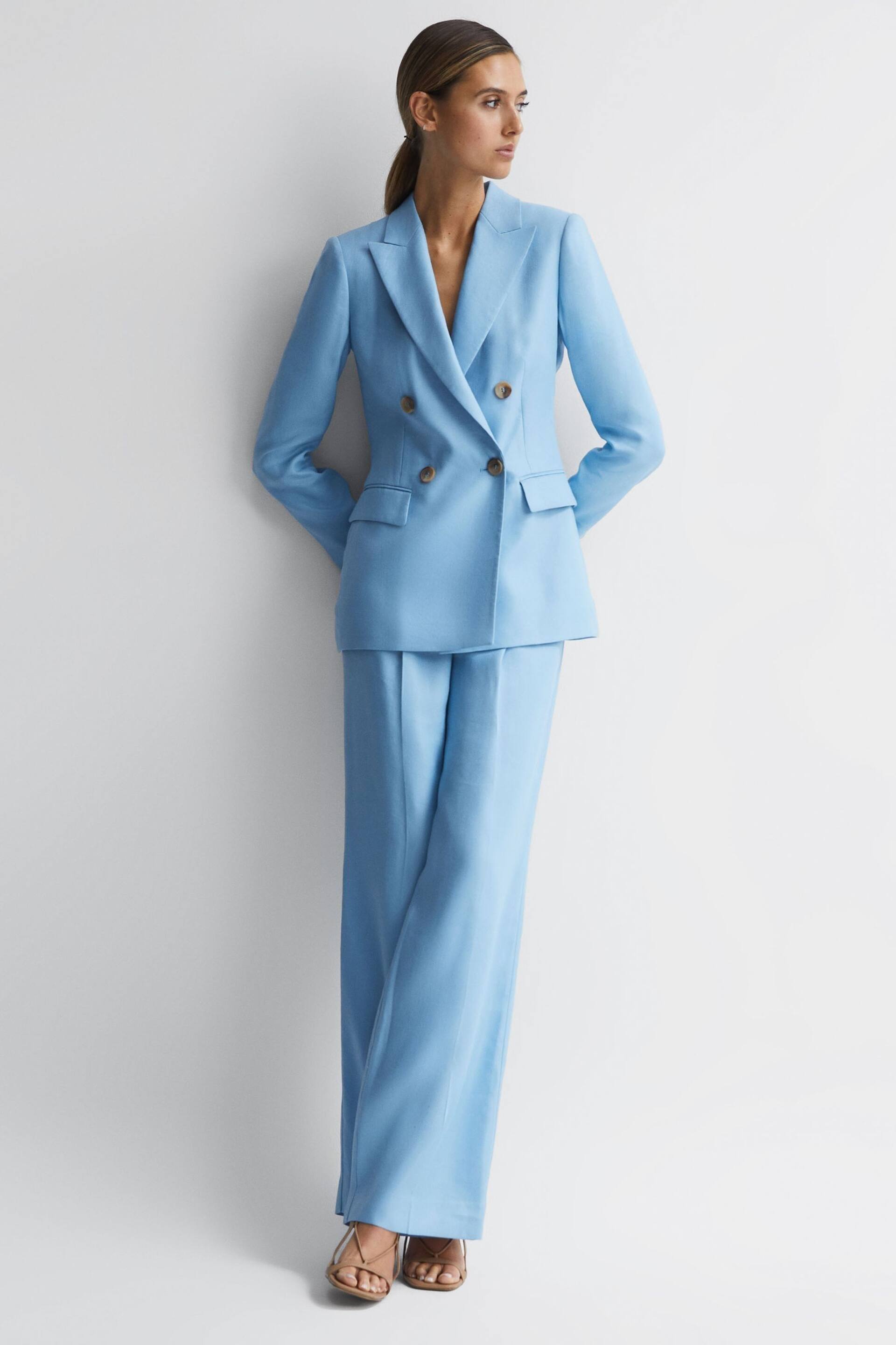 Reiss Blue Hollie Double Breasted Linen Blazer - Image 1 of 7