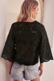 Black 3/4 Sleeve Floral Broderie Notch Neck Top - Image 3 of 6