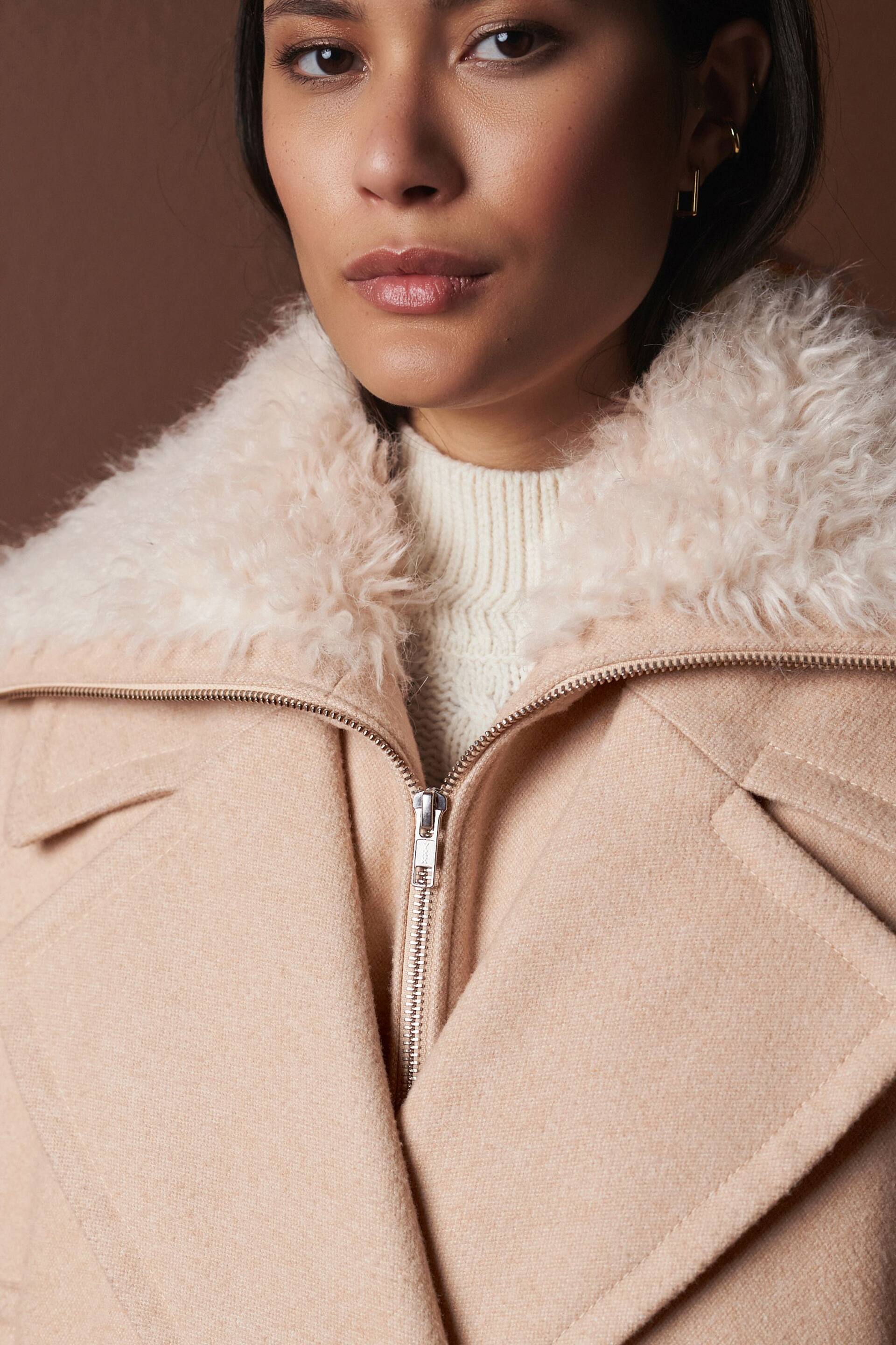 Neutral Mid-Length Coat with Detachable Faux Fur Collar - Image 7 of 12