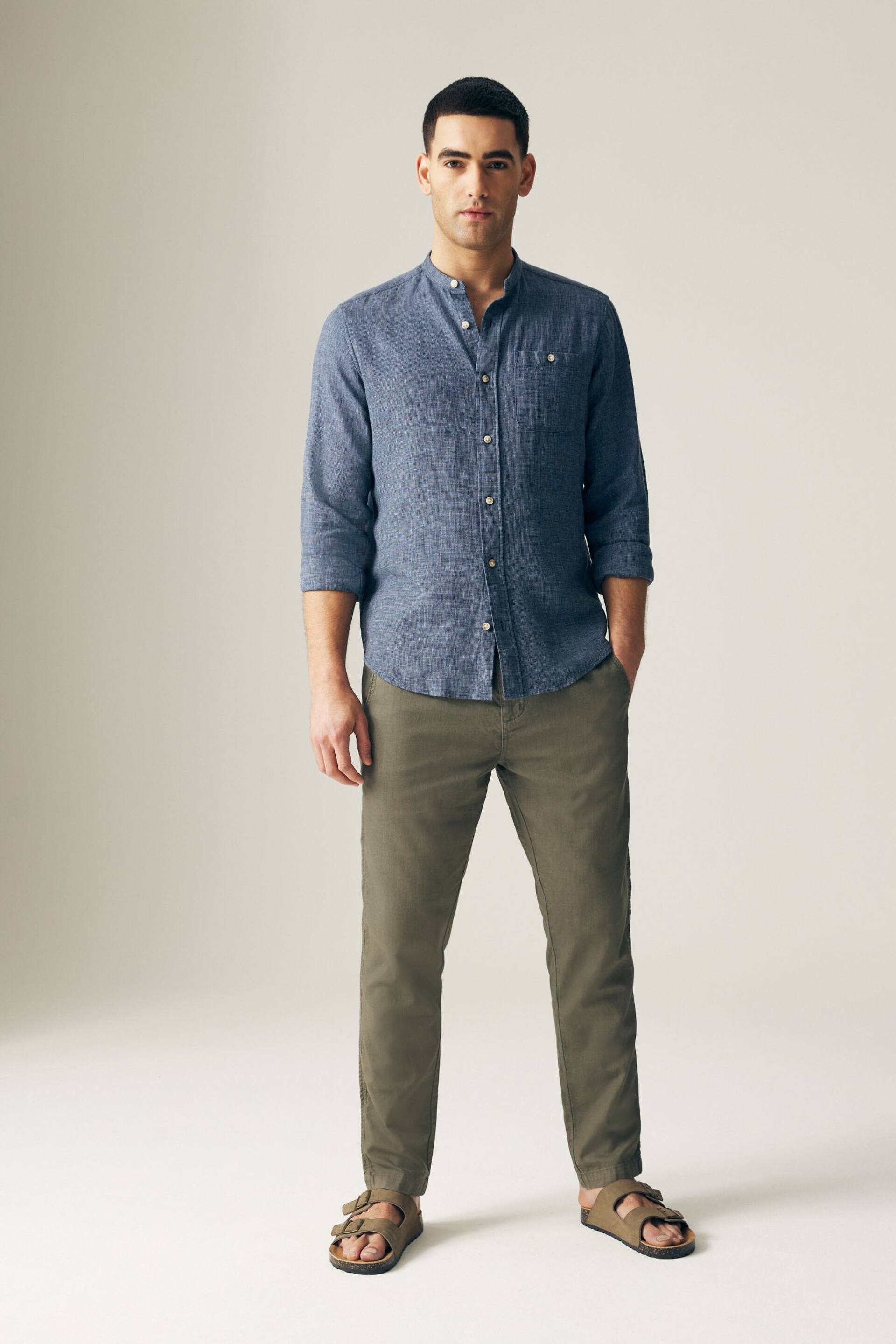 Blue Grandad Collar Linen Blend Long Sleeve Shirt - Image 3 of 7