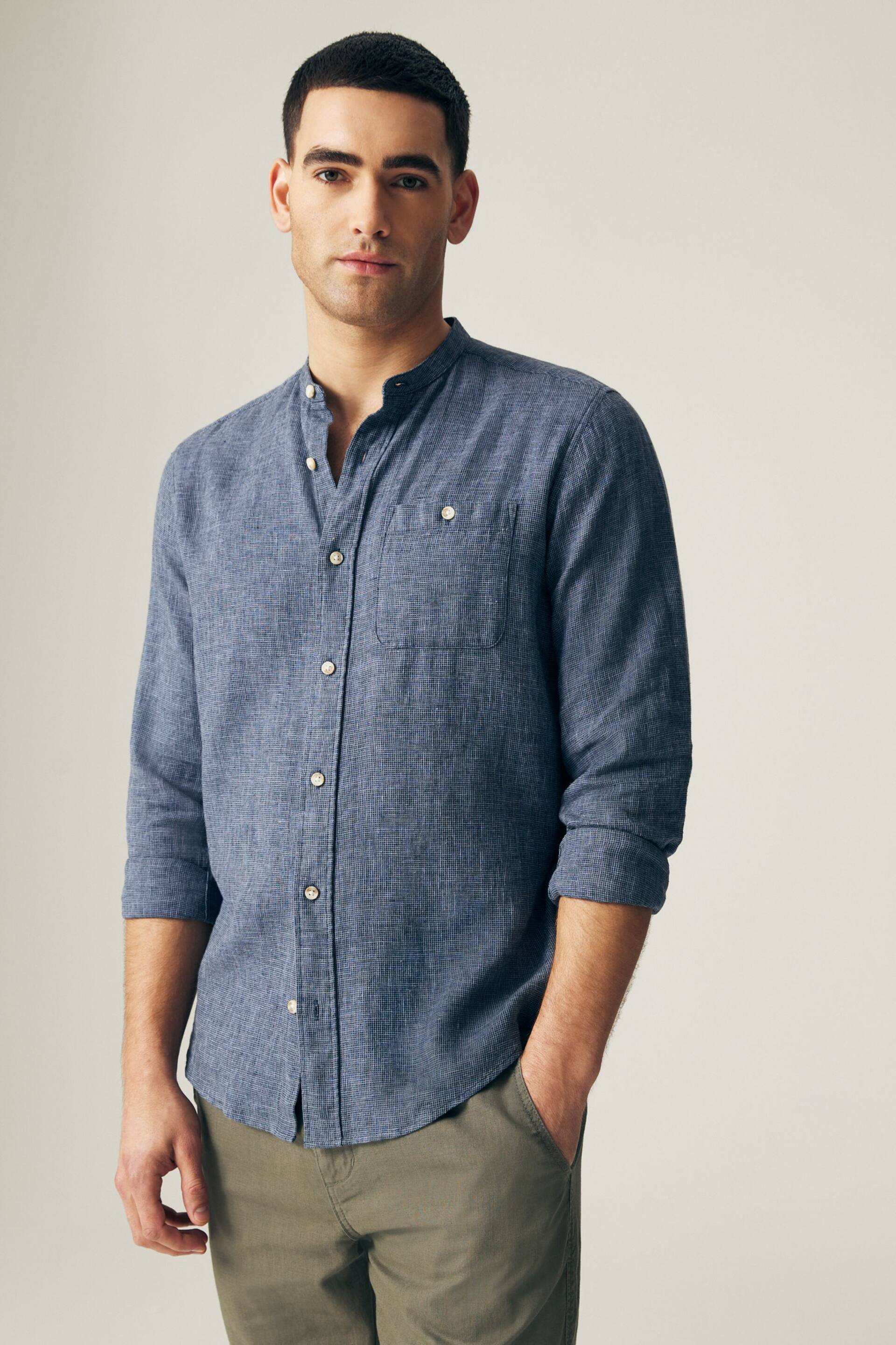 Blue Grandad Collar Linen Blend Long Sleeve Shirt - Image 4 of 7