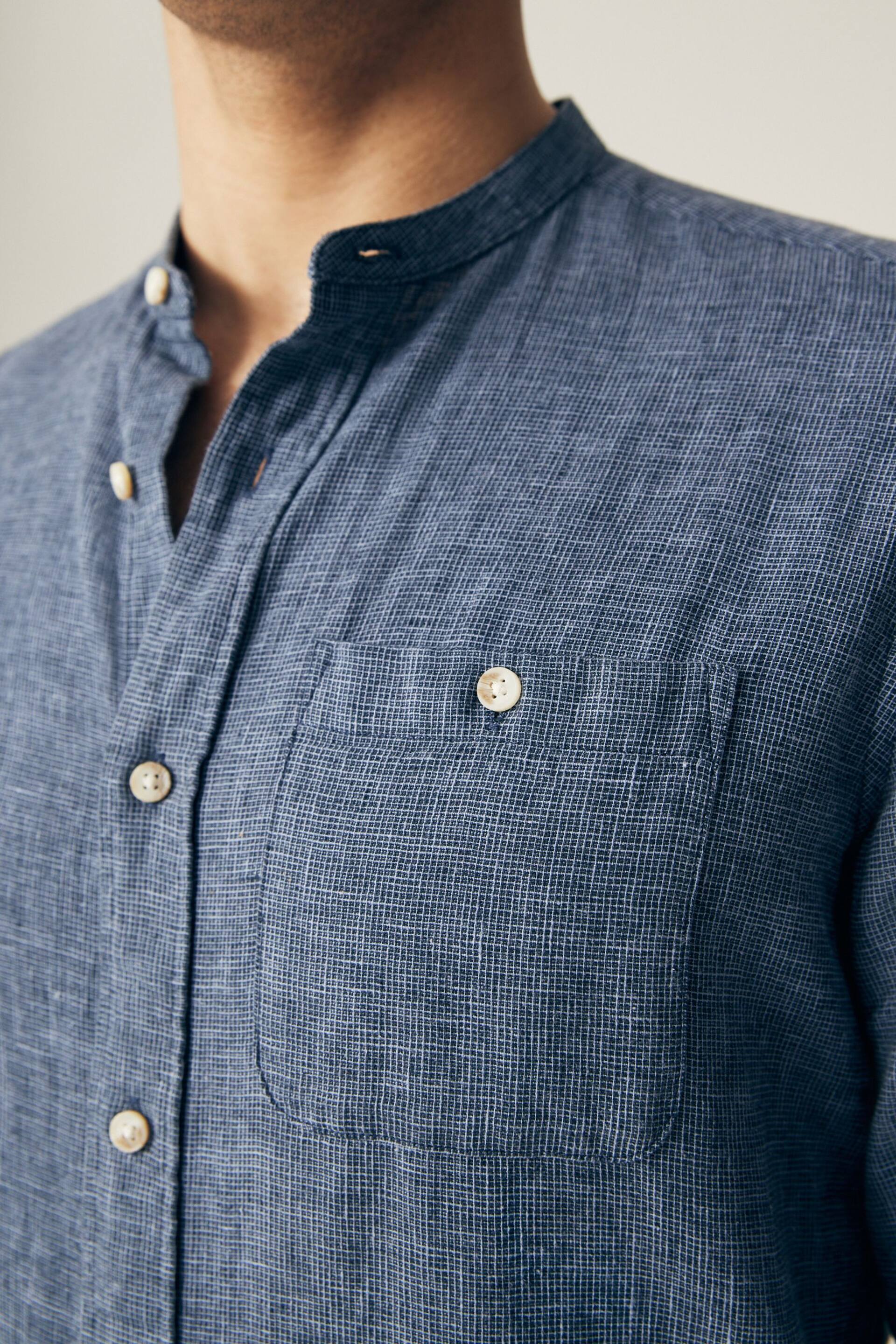 Blue Grandad Collar Linen Blend Long Sleeve Shirt - Image 6 of 7