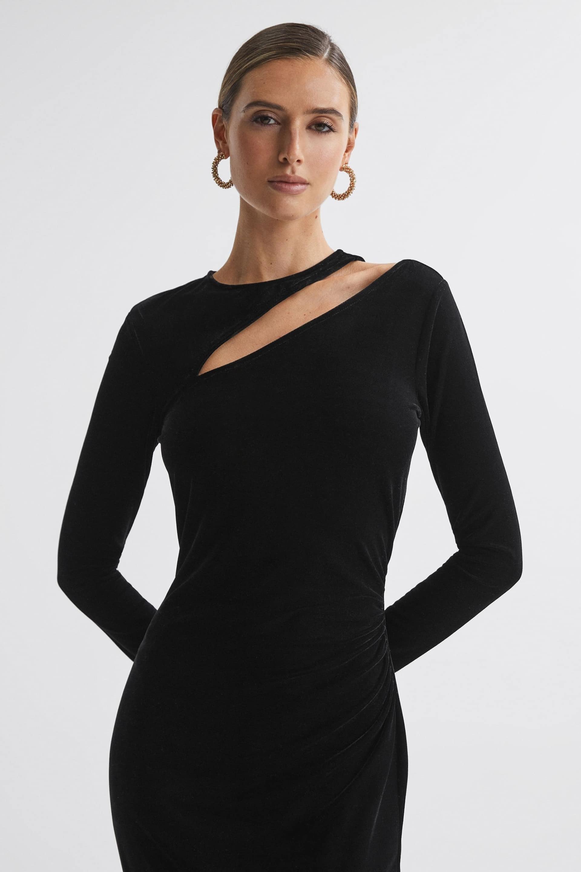 Reiss Black Macey Velvet Cut-Out Midi Dress - Image 3 of 4