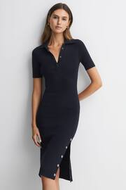Reiss Navy Remi Knitted Bodycon Polo Midi Dress - Image 1 of 5