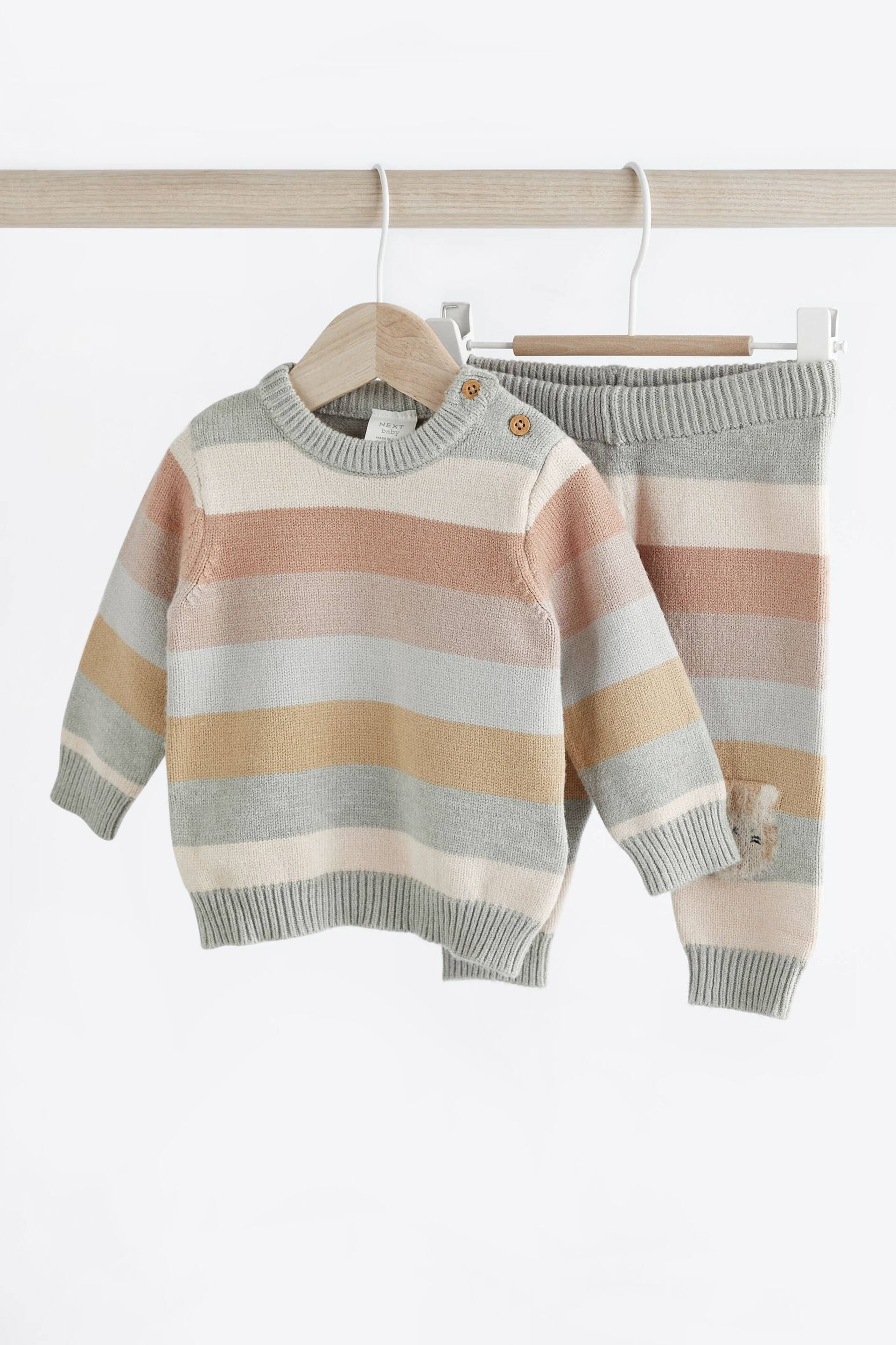 Tan/Blue Tiger Stripe Baby Knitted Jumper & Leggings 2 Piece Set (0mths-2yrs) - Image 5 of 12