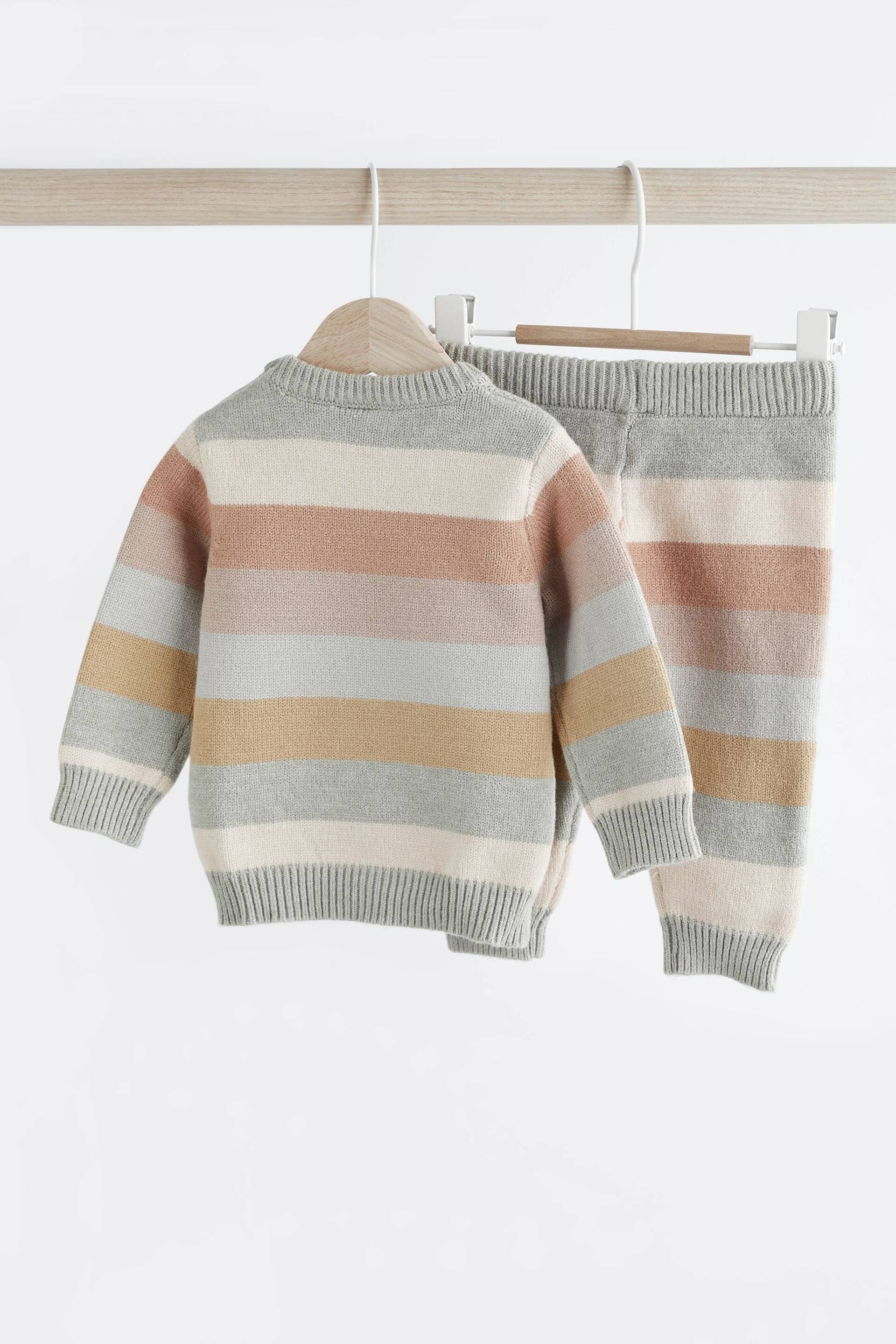 Tan/Blue Tiger Stripe Baby Knitted Jumper & Leggings 2 Piece Set (0mths-2yrs) - Image 6 of 12