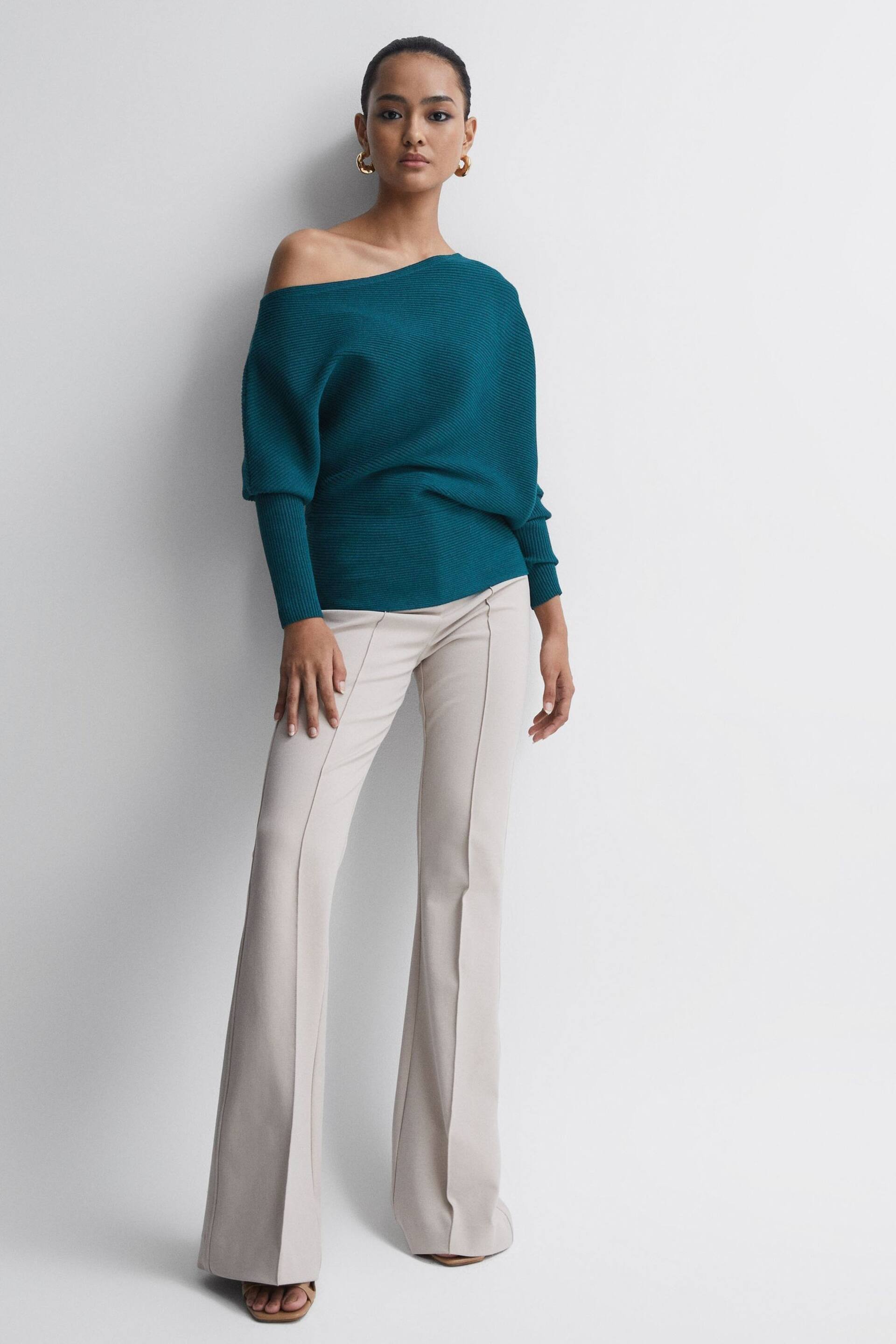 Reiss Teal Lorna Asymmetric Drape Knitted Top - Image 3 of 5