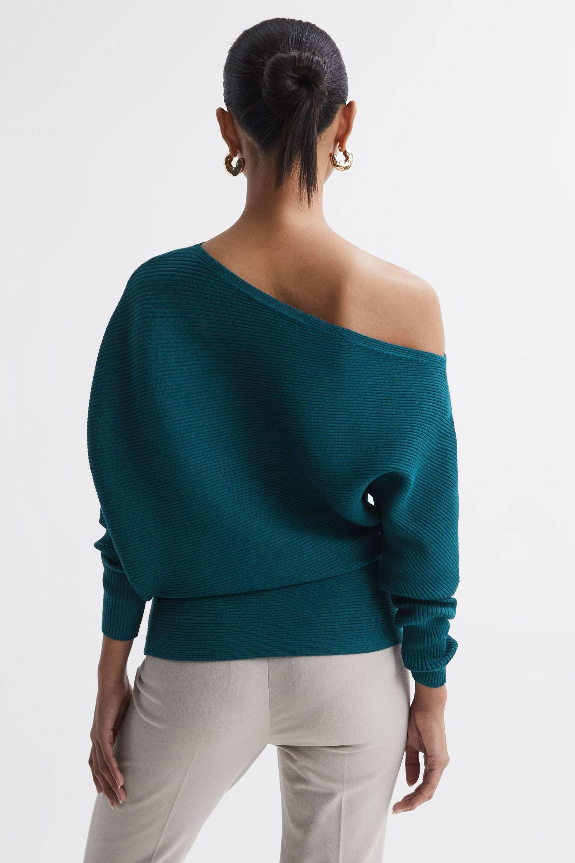 Reiss Teal Lorna Asymmetric Drape Knitted Top - Image 5 of 5