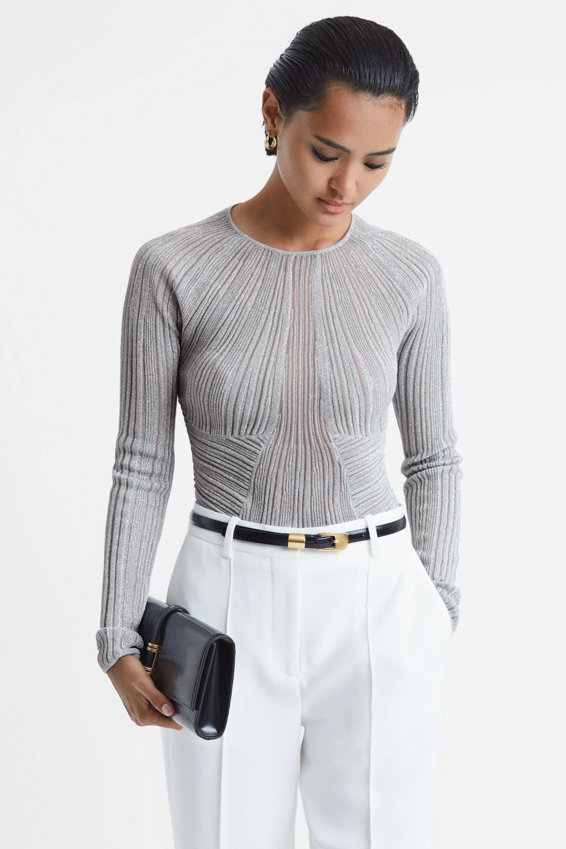 Reiss Silver Isobel Metallic Sheer Striped Top - Image 1 of 5