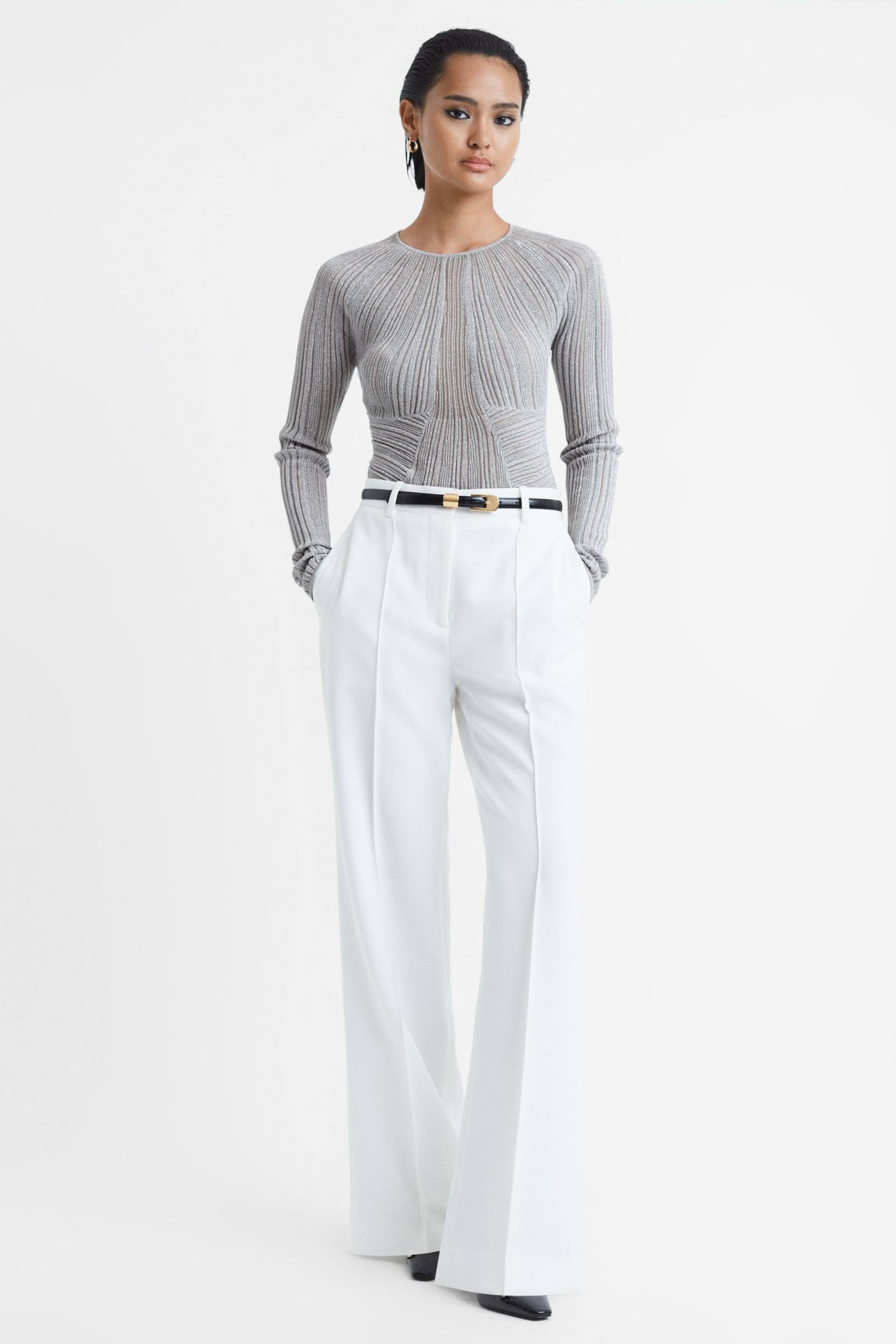 Reiss Silver Isobel Metallic Sheer Striped Top - Image 3 of 5