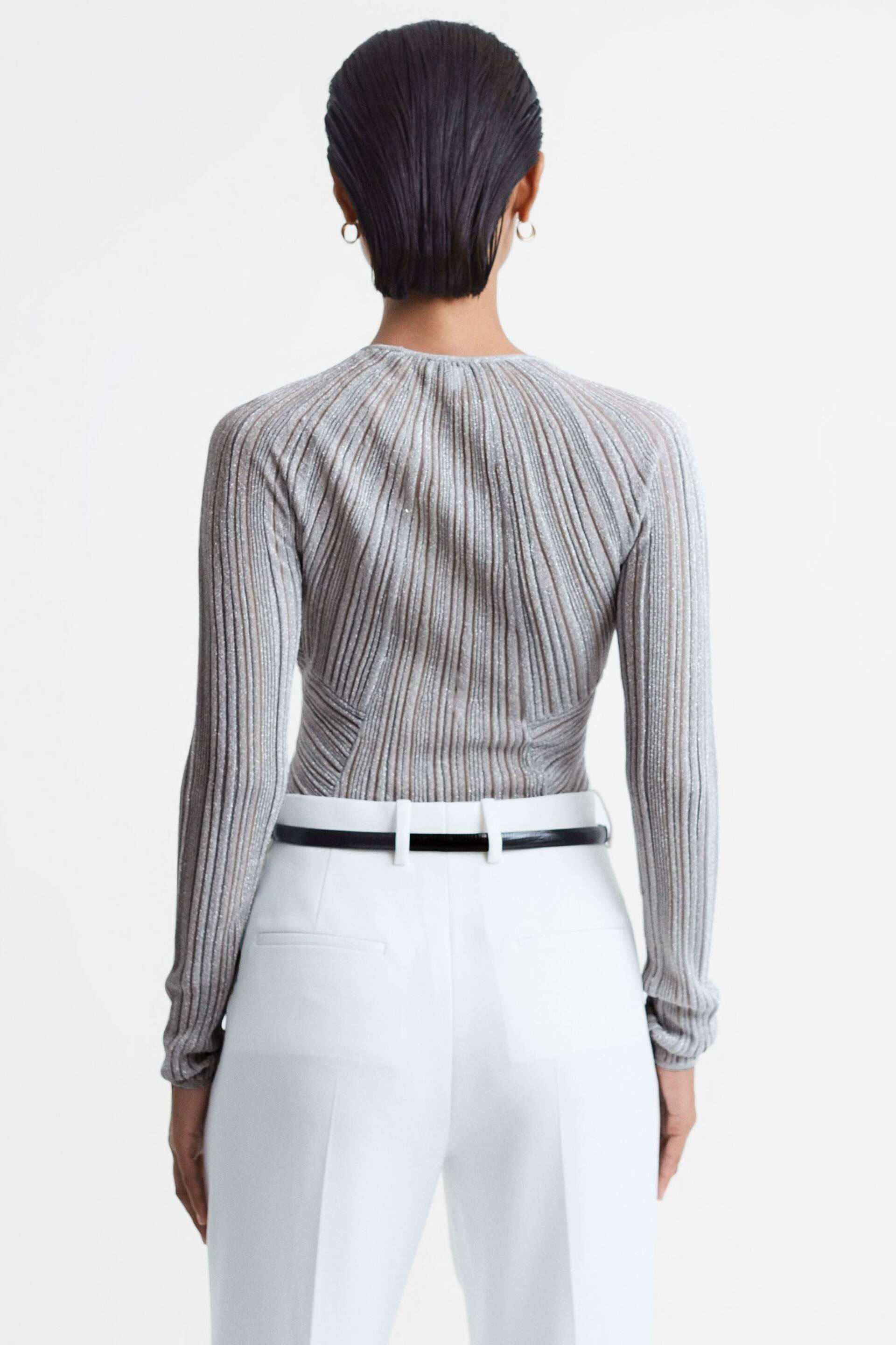 Reiss Silver Isobel Metallic Sheer Striped Top - Image 5 of 5