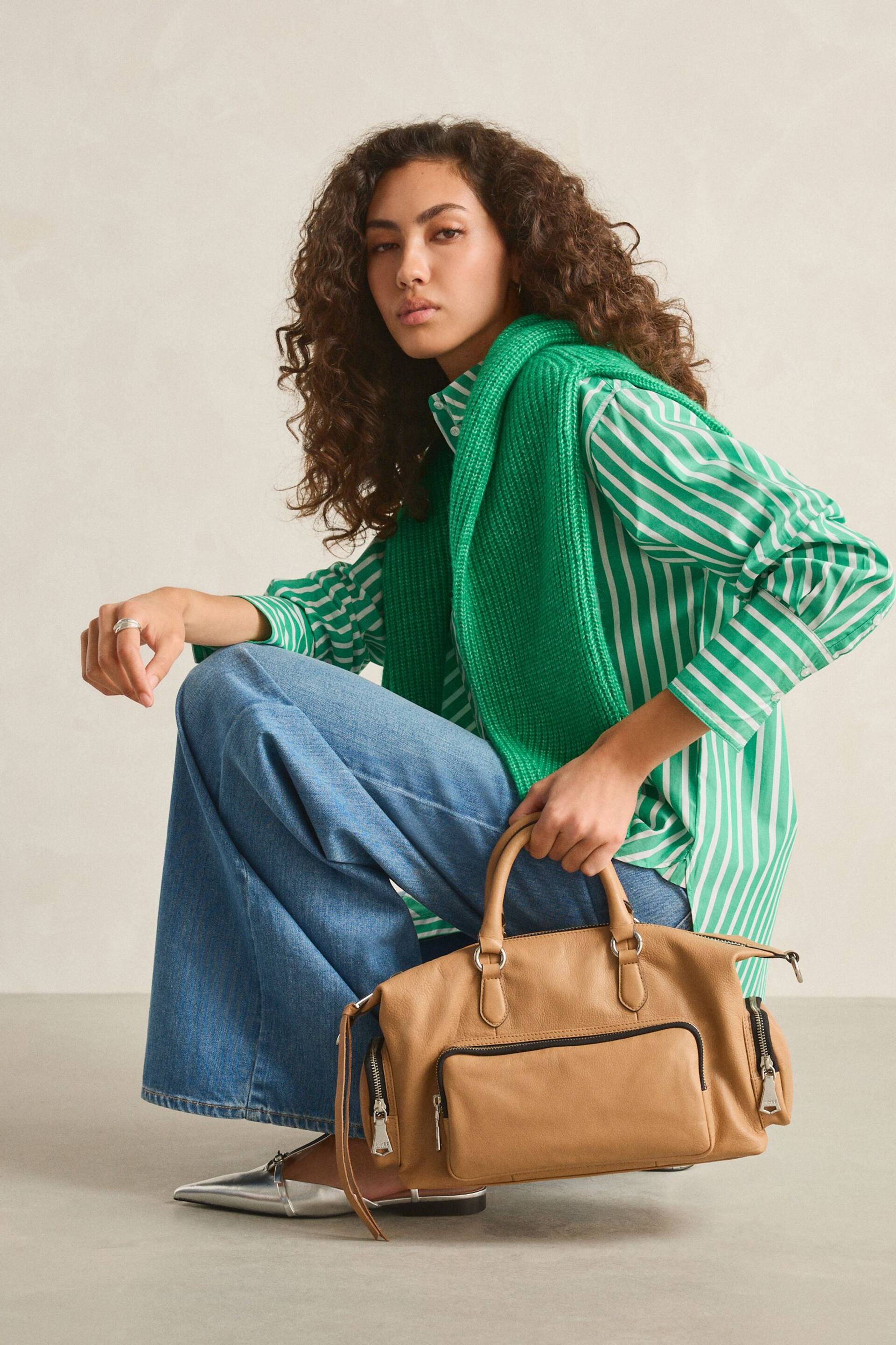 Tan Brown Leather Pocket Zip Grab Bag - Image 2 of 8