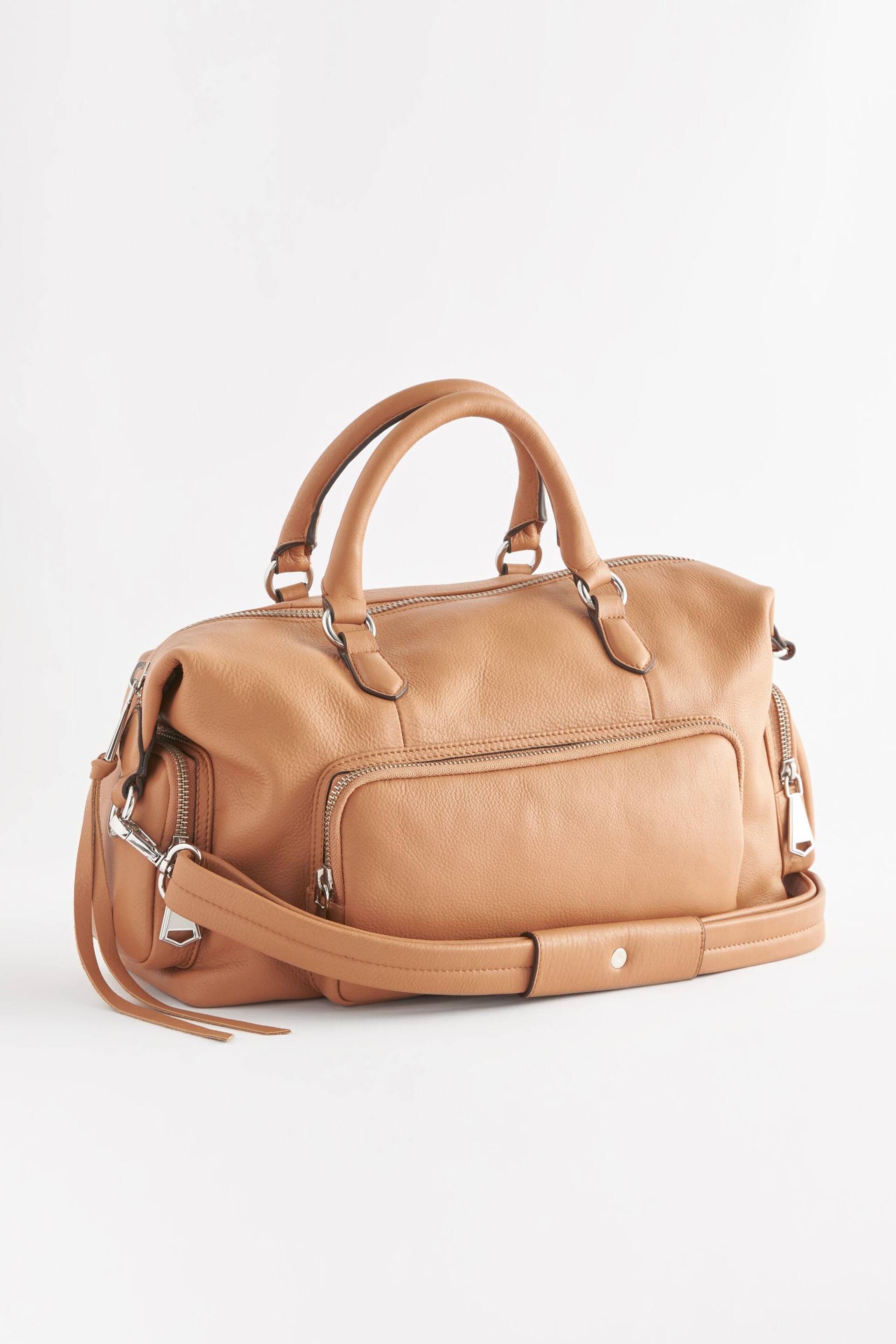 Tan Brown Leather Pocket Zip Grab Bag - Image 6 of 8
