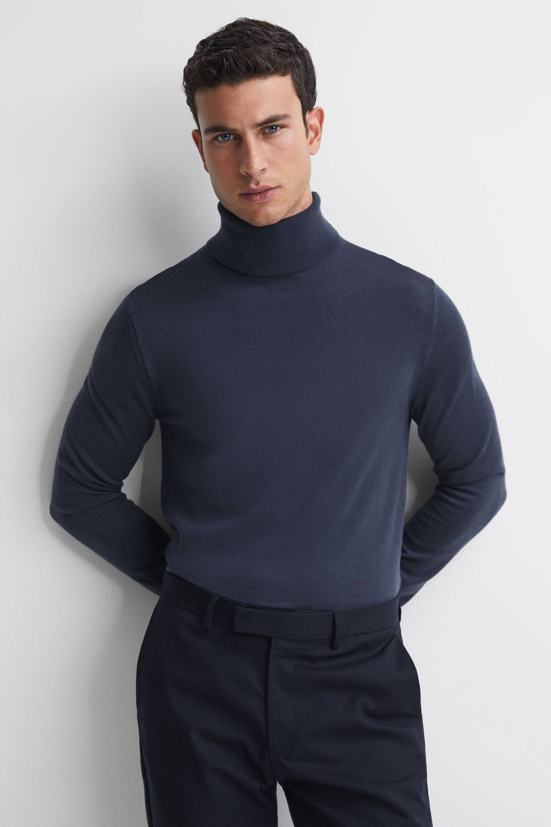 Reiss Eclipse Blue Caine Slim Fit Merino Wool Roll Neck Jumper - Image 1 of 5