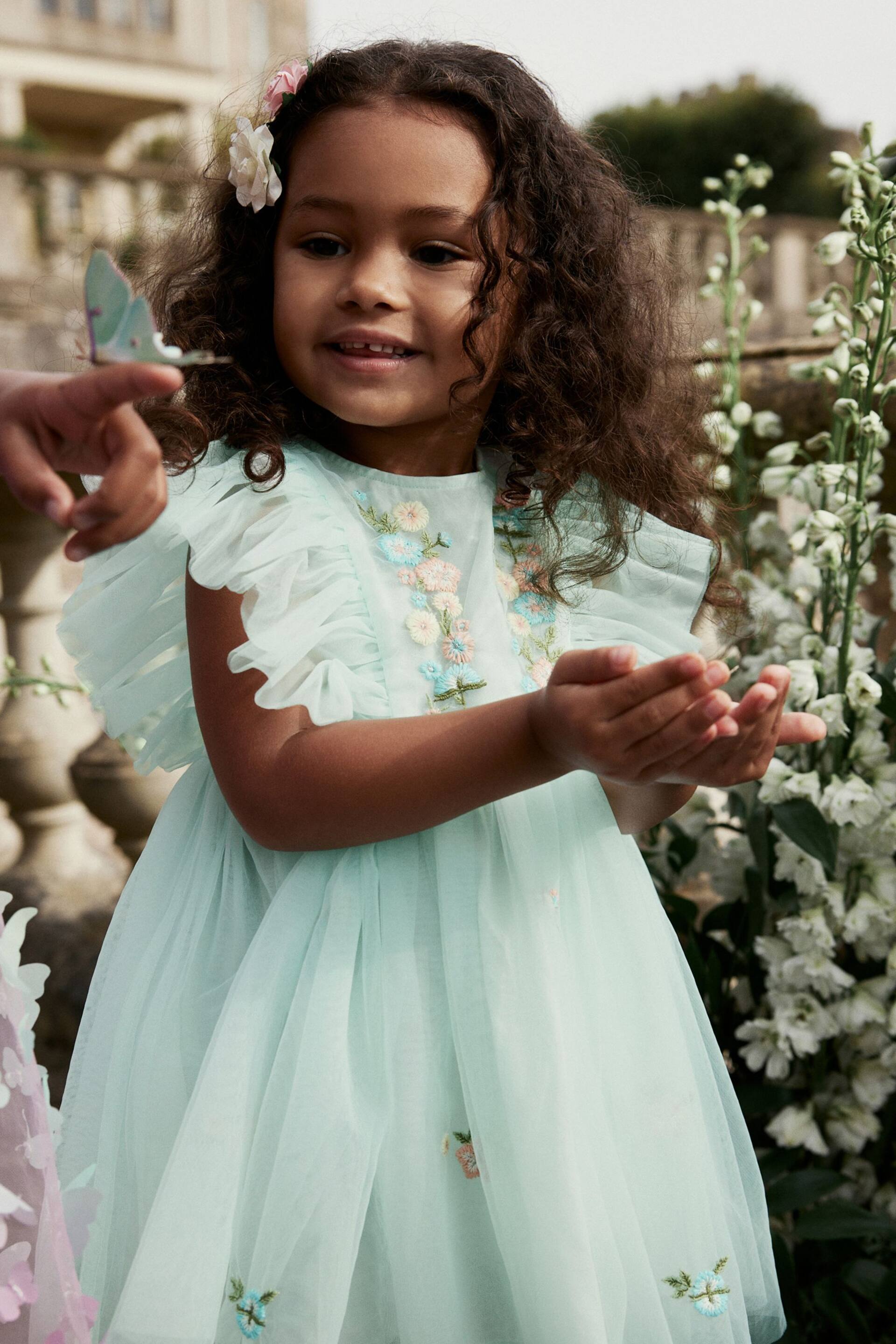 Pale Blue Embroidered Mesh Party Dress (3mths-10yrs) - Image 2 of 8