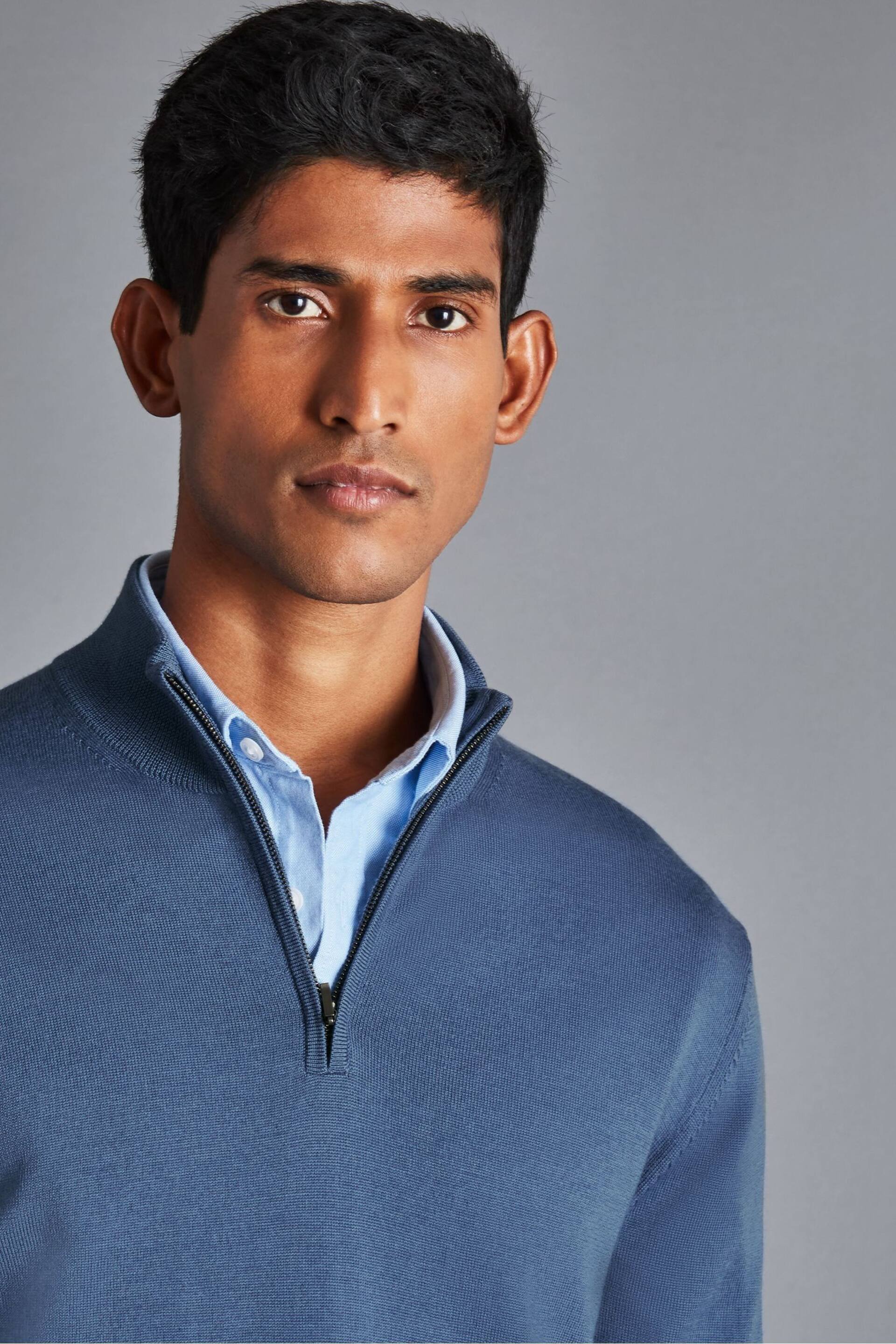 Charles Tyrwhitt Blue Pure Merino Zip Neck Jumper - Image 2 of 3