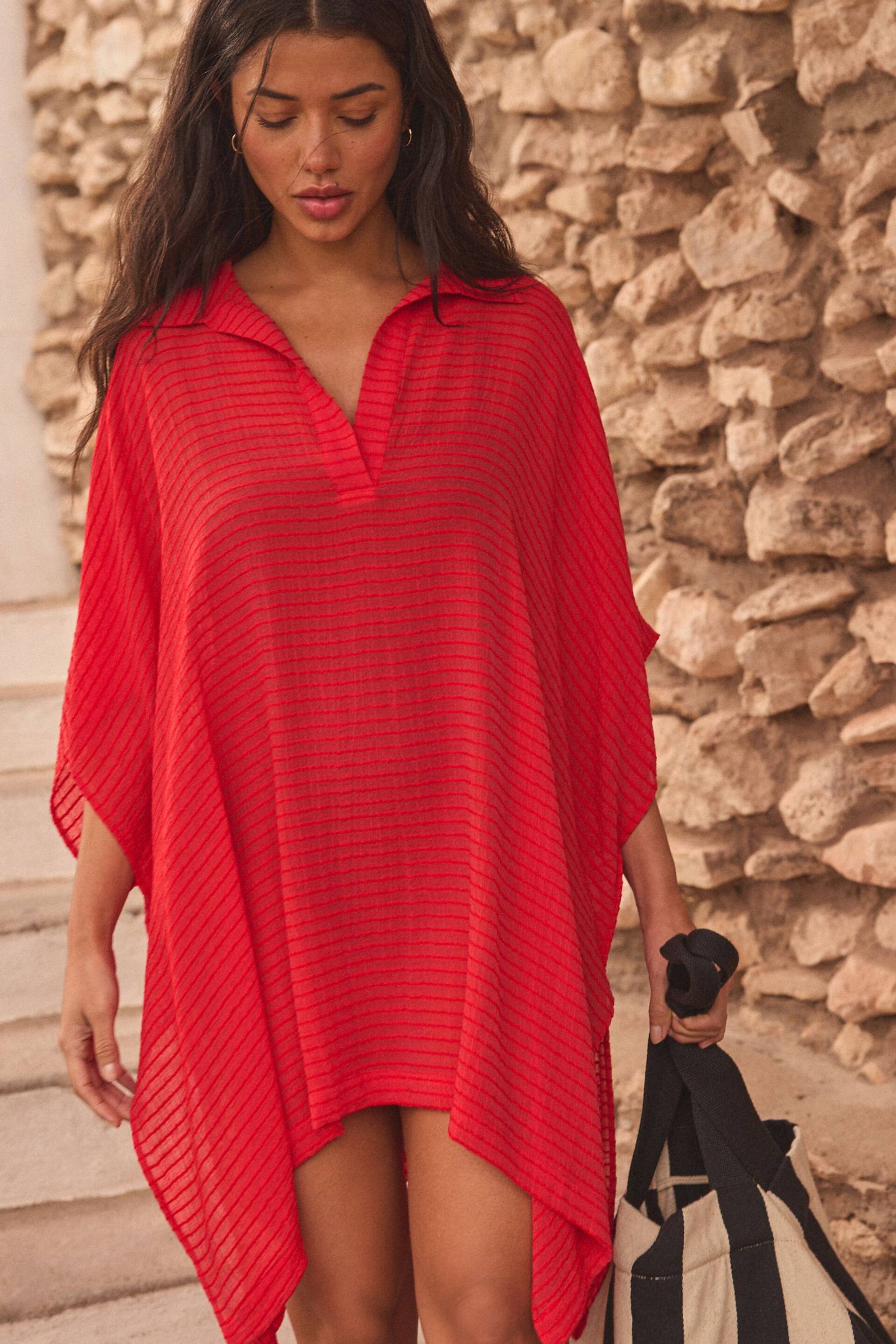 Red Textured Longline Overhead Shirt Cover-Up - Image 1 of 2