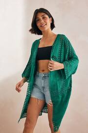 Green Crochet Longline Kimono Cover-Up - Image 1 of 6