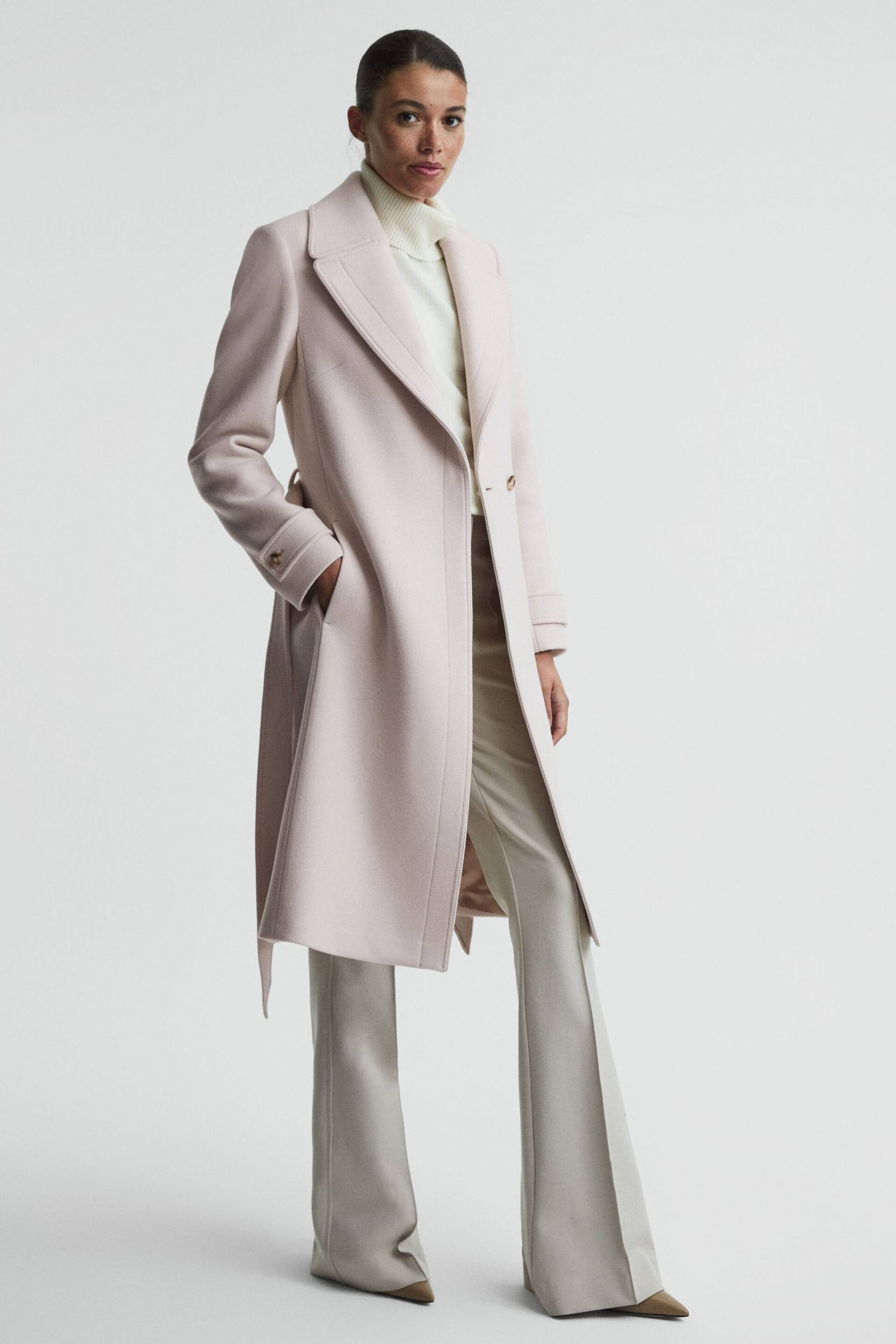 Reiss Neutral Tor Petite Relaxed Wool Blend Belted Coat - Image 1 of 7