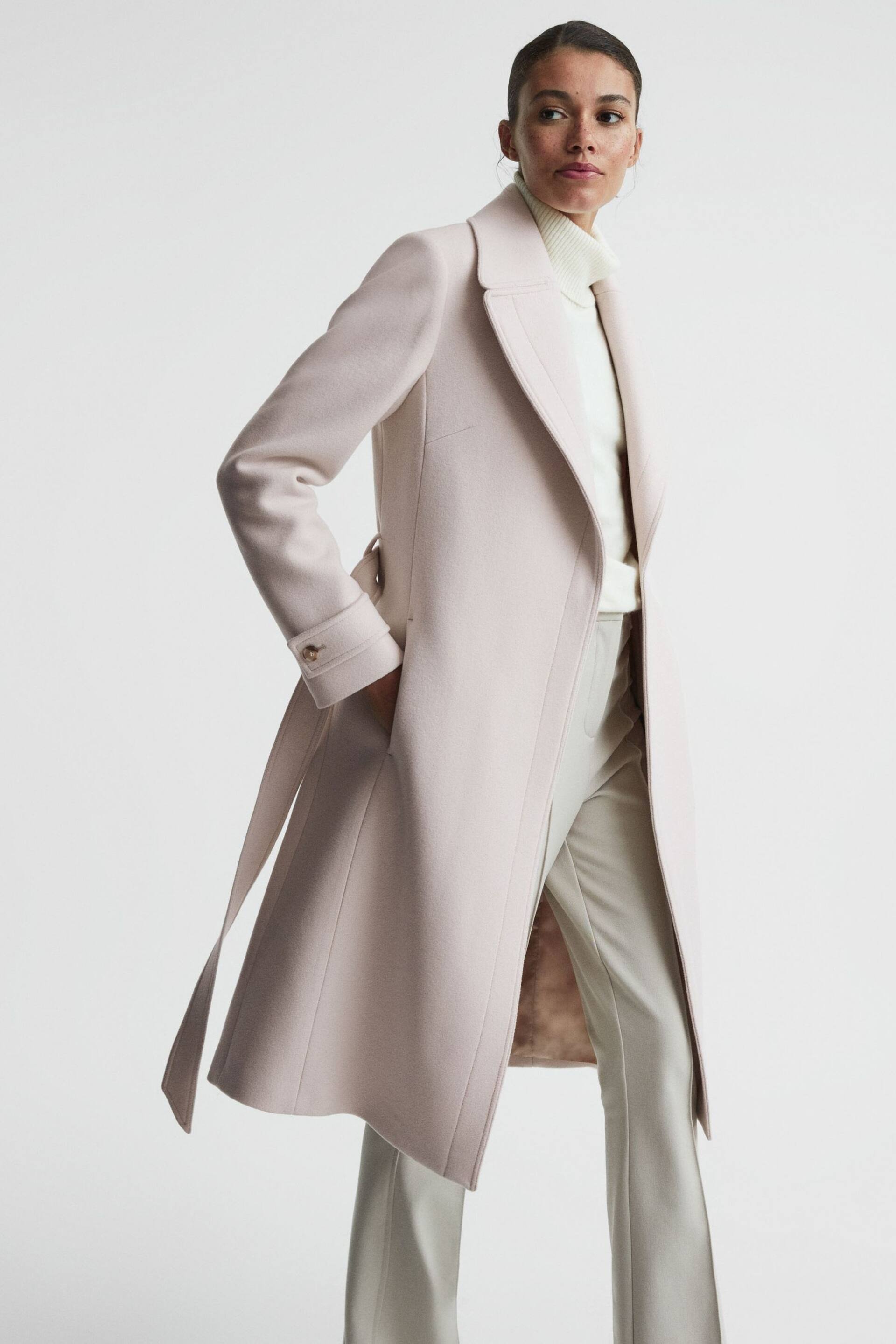 Reiss Neutral Tor Petite Relaxed Wool Blend Belted Coat - Image 3 of 7