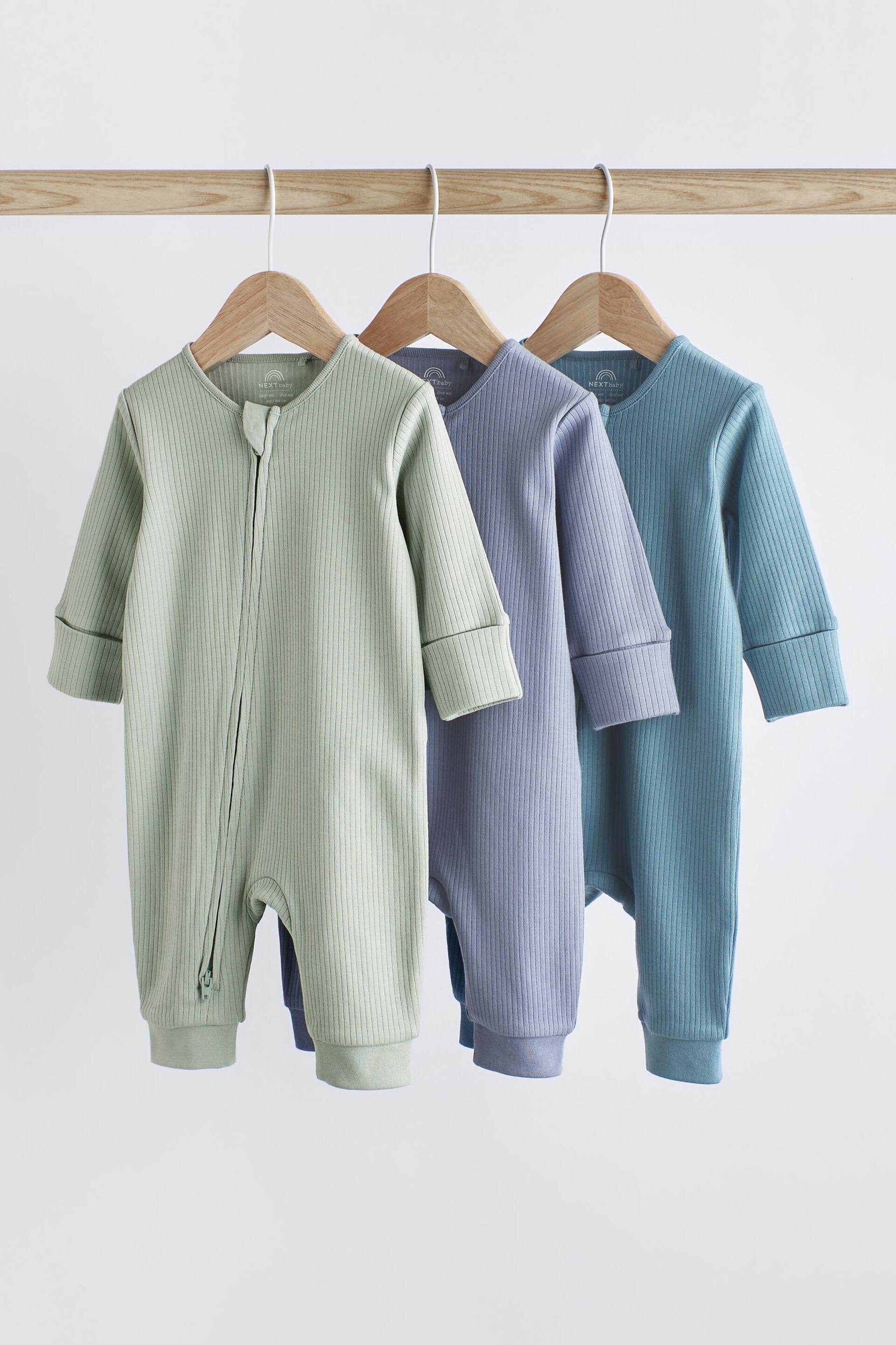 Blue / Grey Baby Plain Footless Zipped Sleepsuits 3 Pack (0-3yrs) - Image 1 of 8
