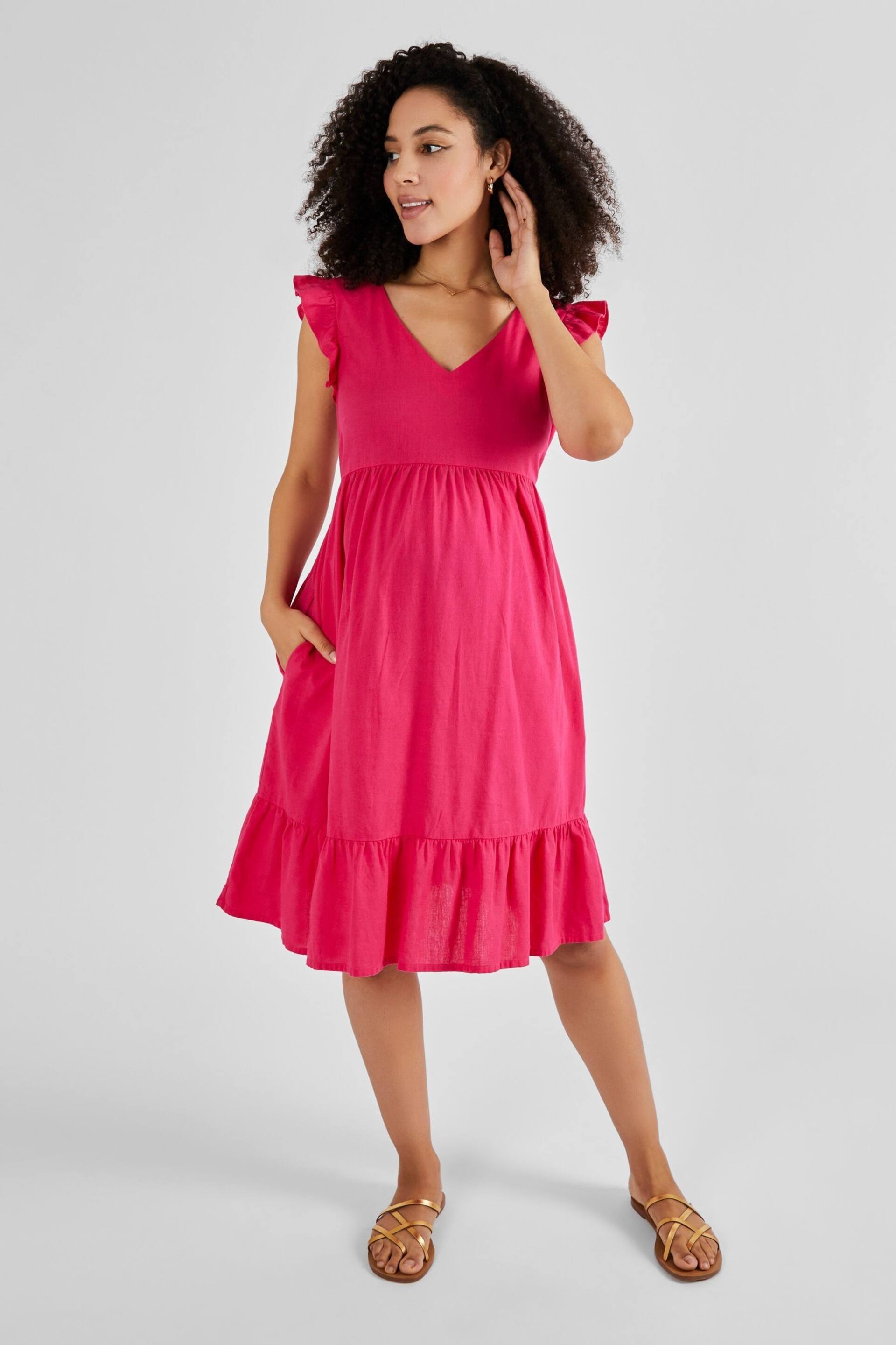 JoJo Maman Bébé Pink Linen Blend Frill Sleeve Maternity Dress - Image 1 of 4