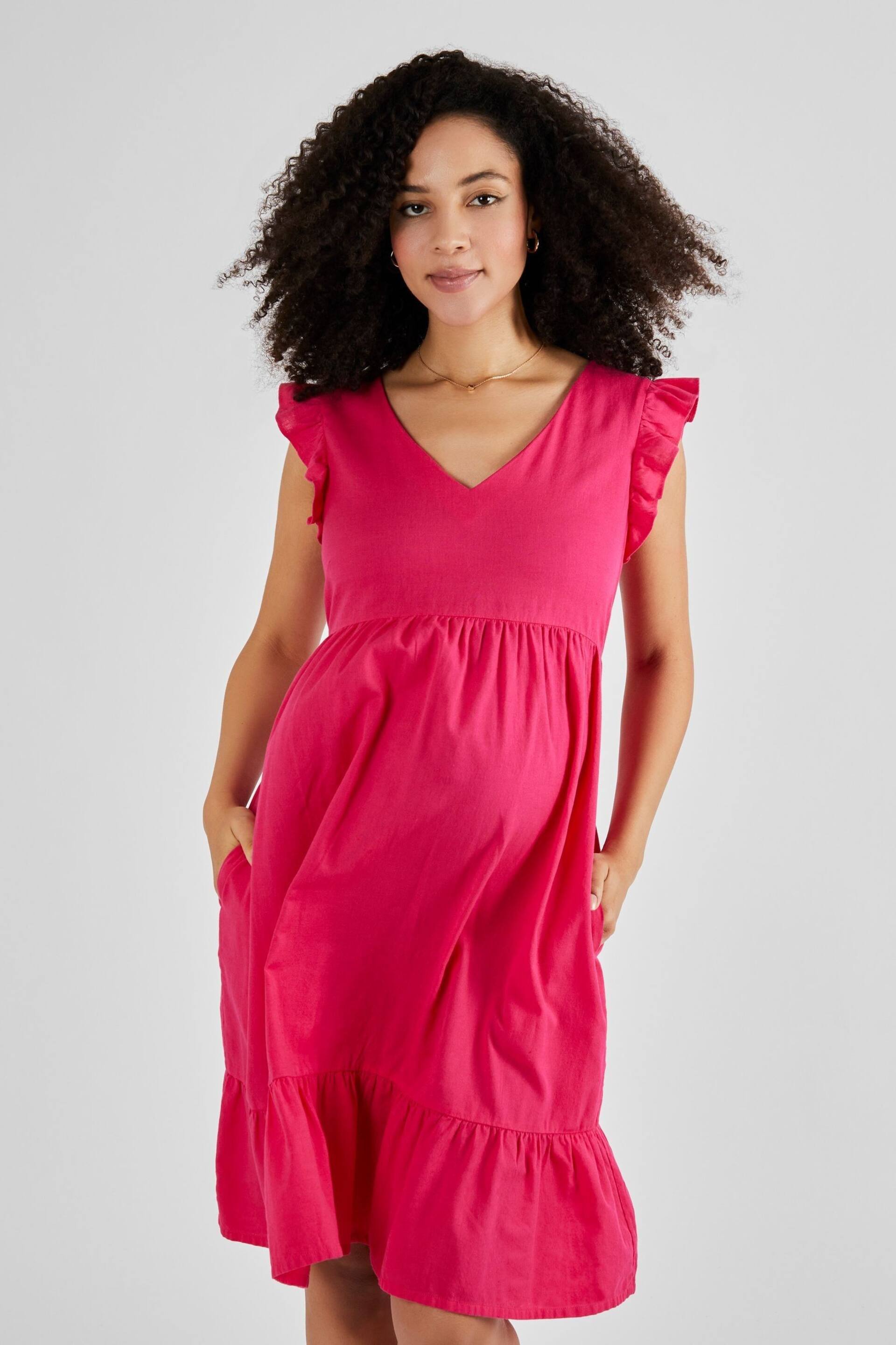 JoJo Maman Bébé Pink Linen Blend Frill Sleeve Maternity Dress - Image 3 of 4