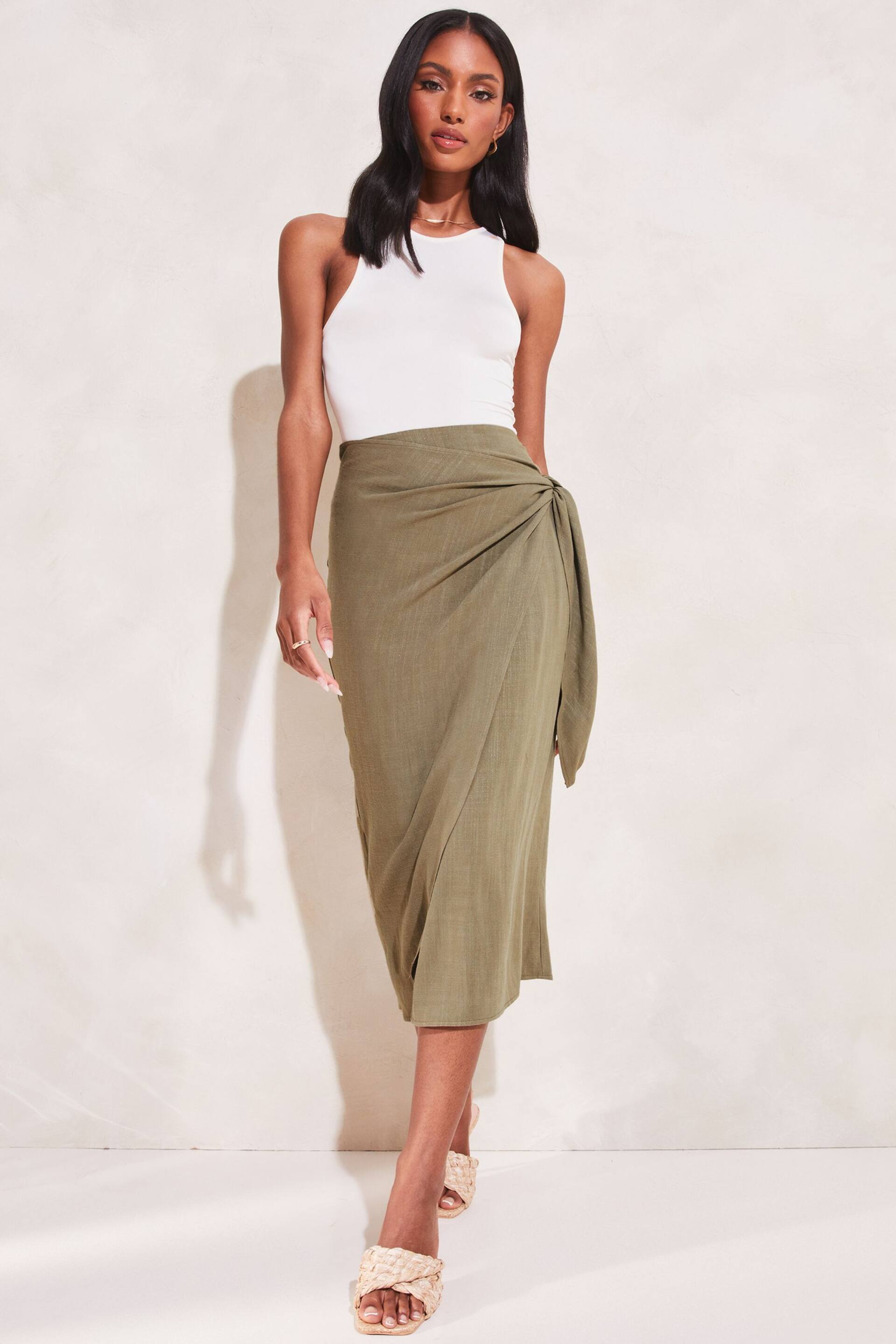 Lipsy Khaki Green Petite Tie Waist Wrap Midi Skirt - Image 3 of 4