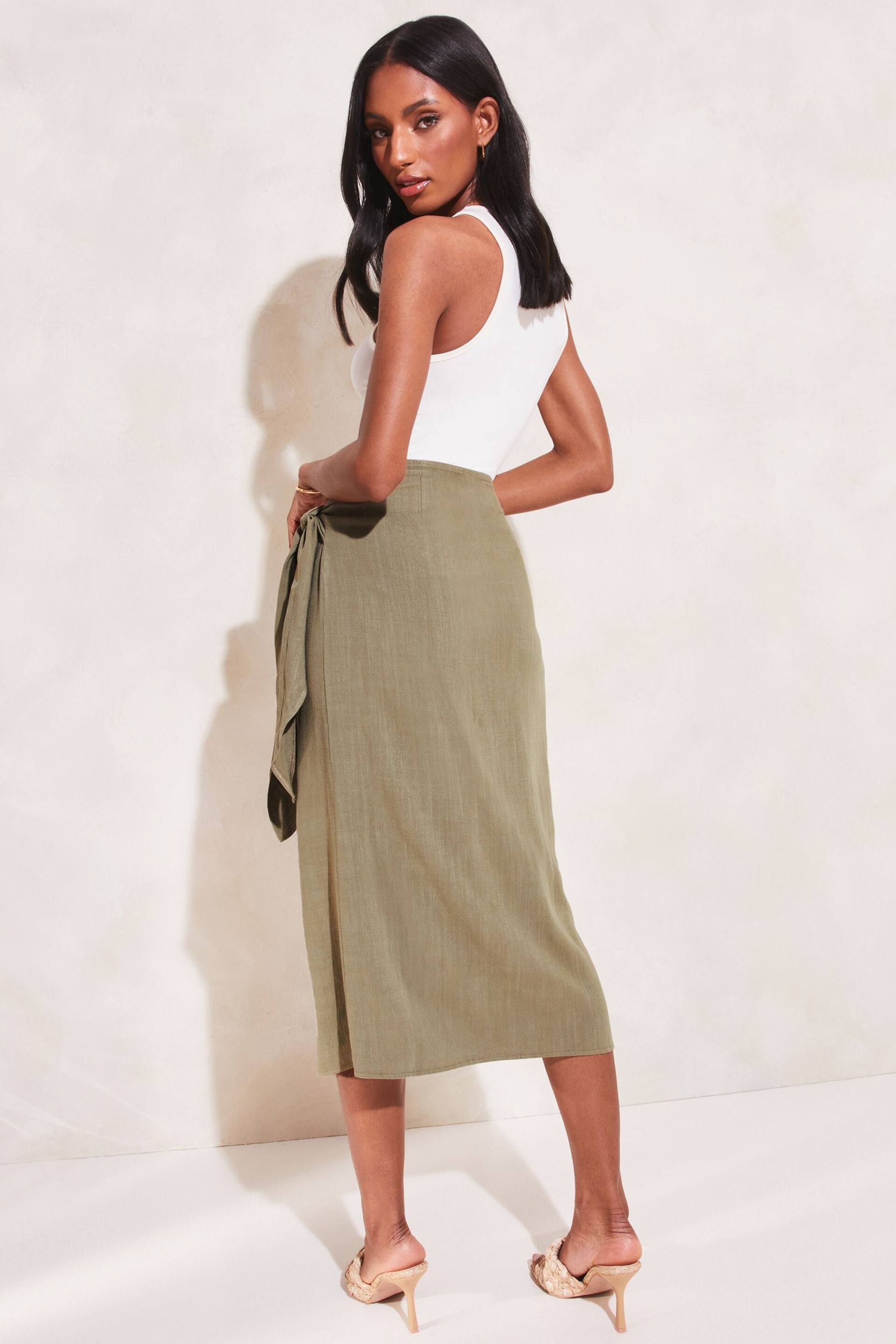 Lipsy Khaki Green Tall Tie Waist Wrap Midi Skirt - Image 2 of 4