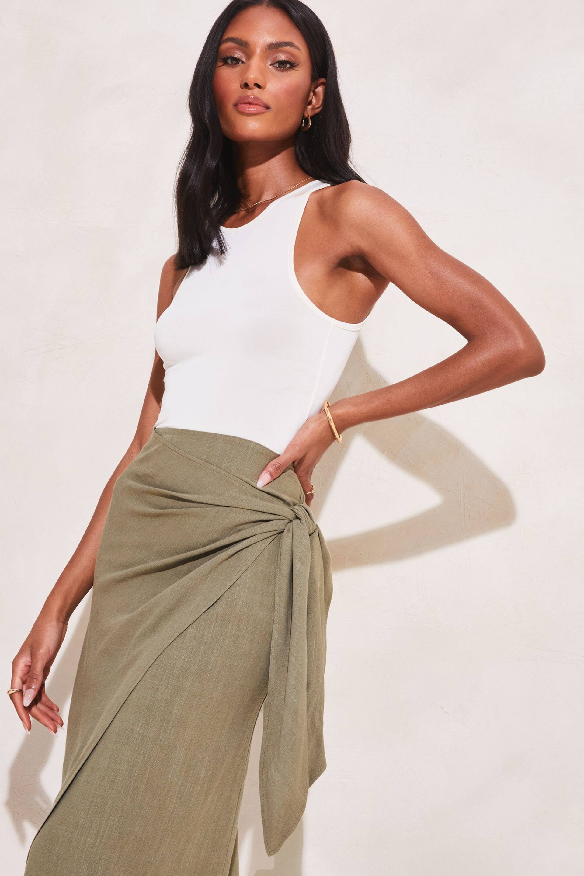 Lipsy Khaki Green Tall Tie Waist Wrap Midi Skirt - Image 4 of 4