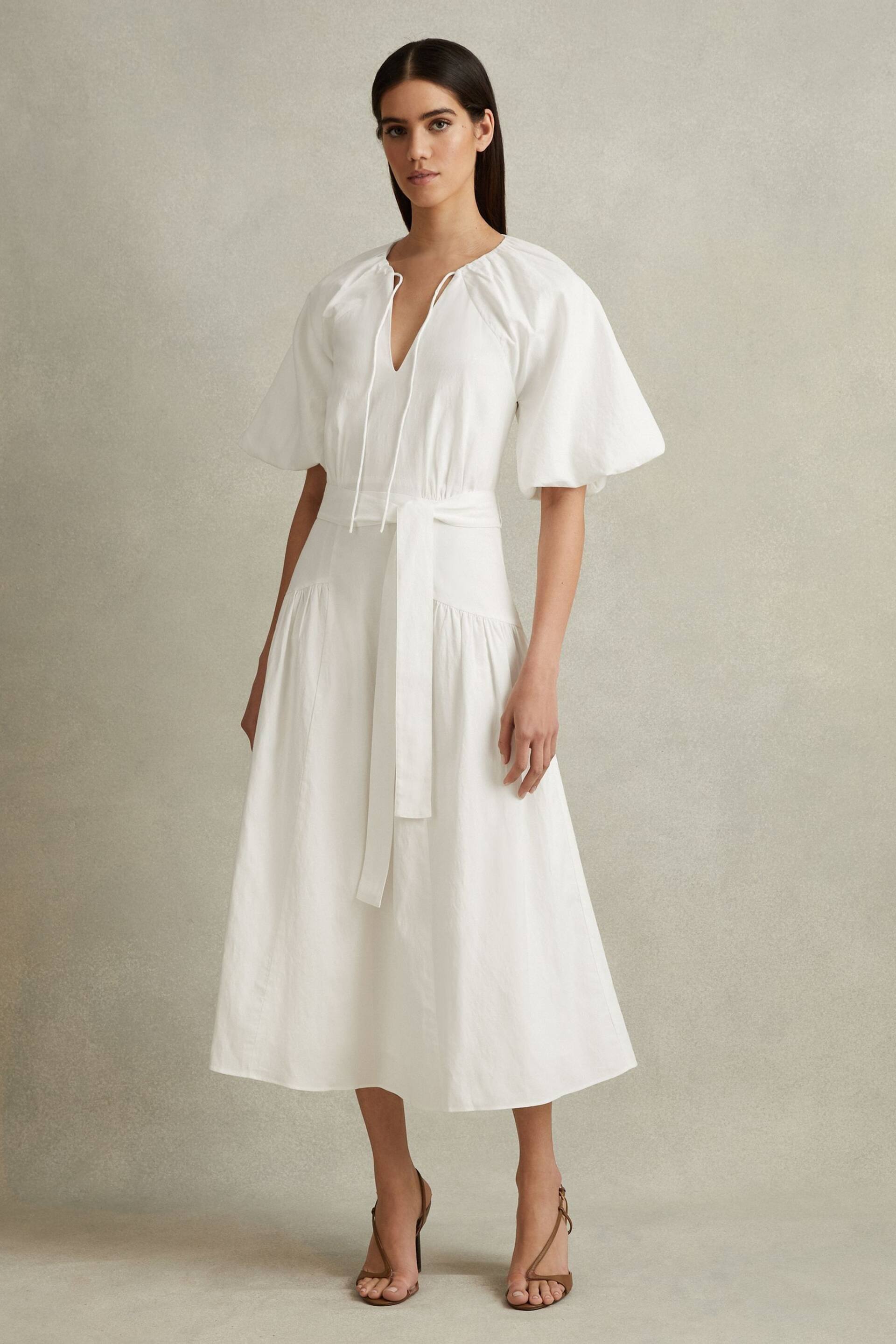 Reiss White Alice Lyocell Blend Puff Sleeve Midi Dress - Image 3 of 5