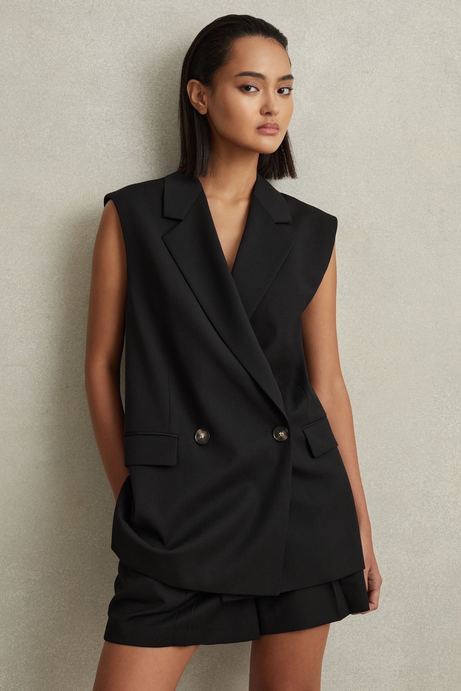 Reiss Black Karyn Wool Blend Double Breasted Waistcoat - Image 1 of 6