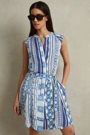 Reiss Blue Florence Tile Print Belted Mini Dress - Image 1 of 5