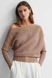Reiss Camel Lorna Asymmetric Drape Knitted Top - Image 1 of 4