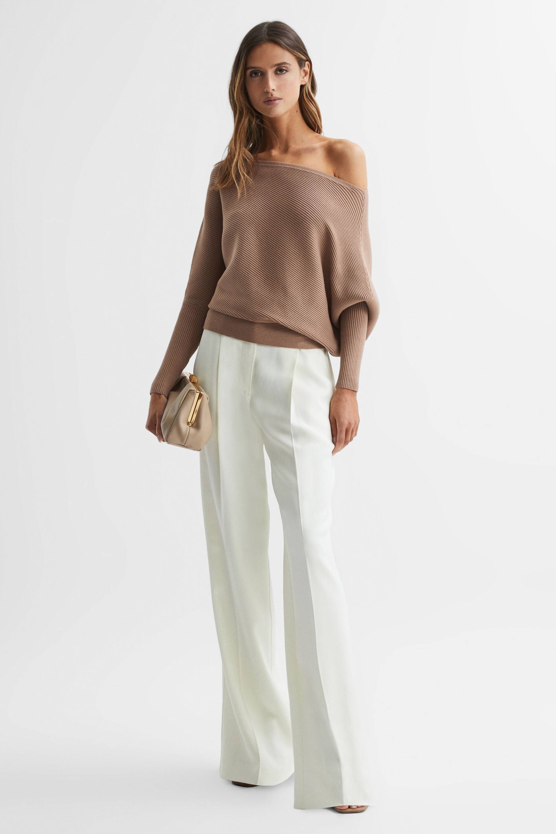 Reiss Camel Lorna Asymmetric Drape Knitted Top - Image 3 of 4