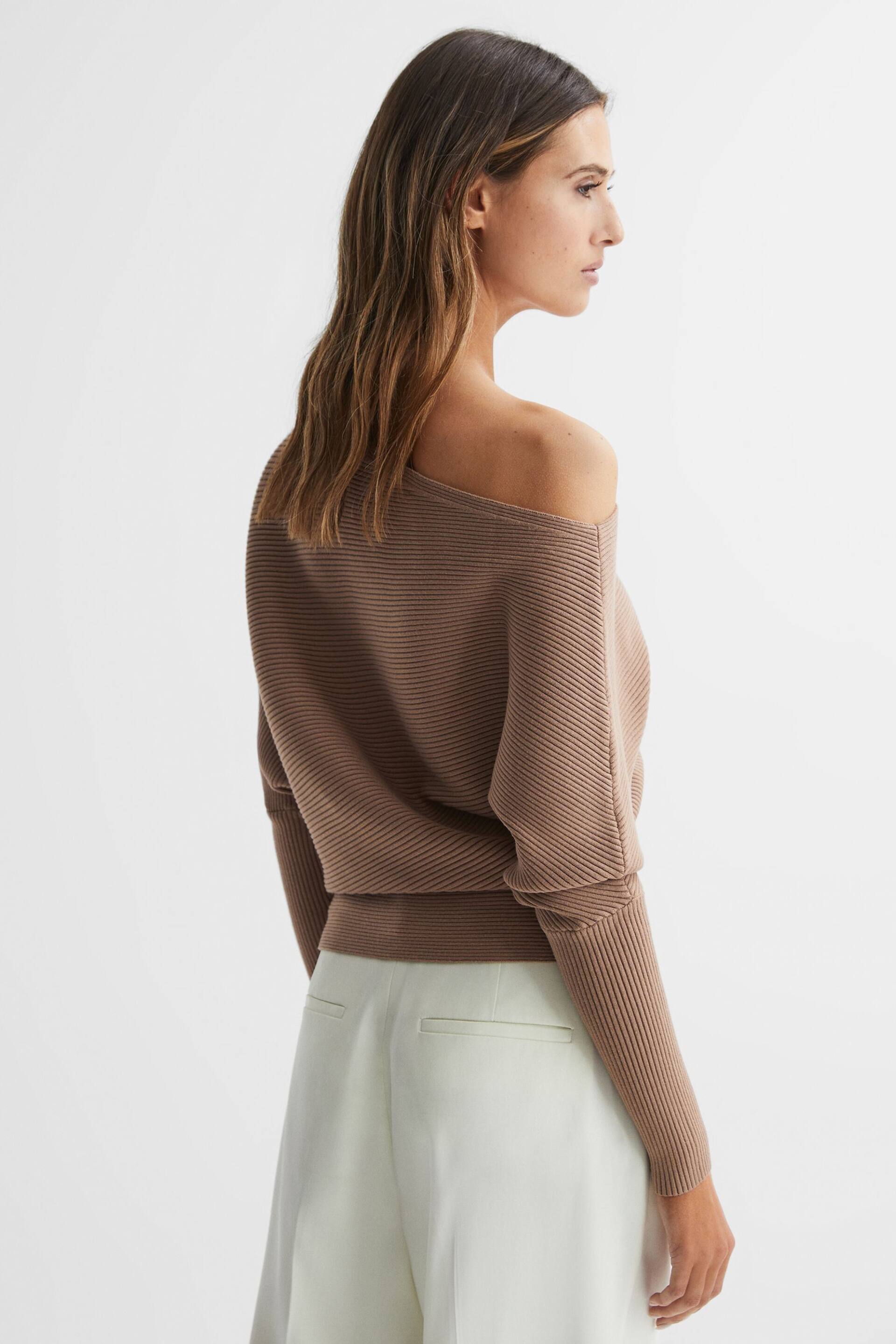 Reiss Camel Lorna Asymmetric Drape Knitted Top - Image 4 of 4