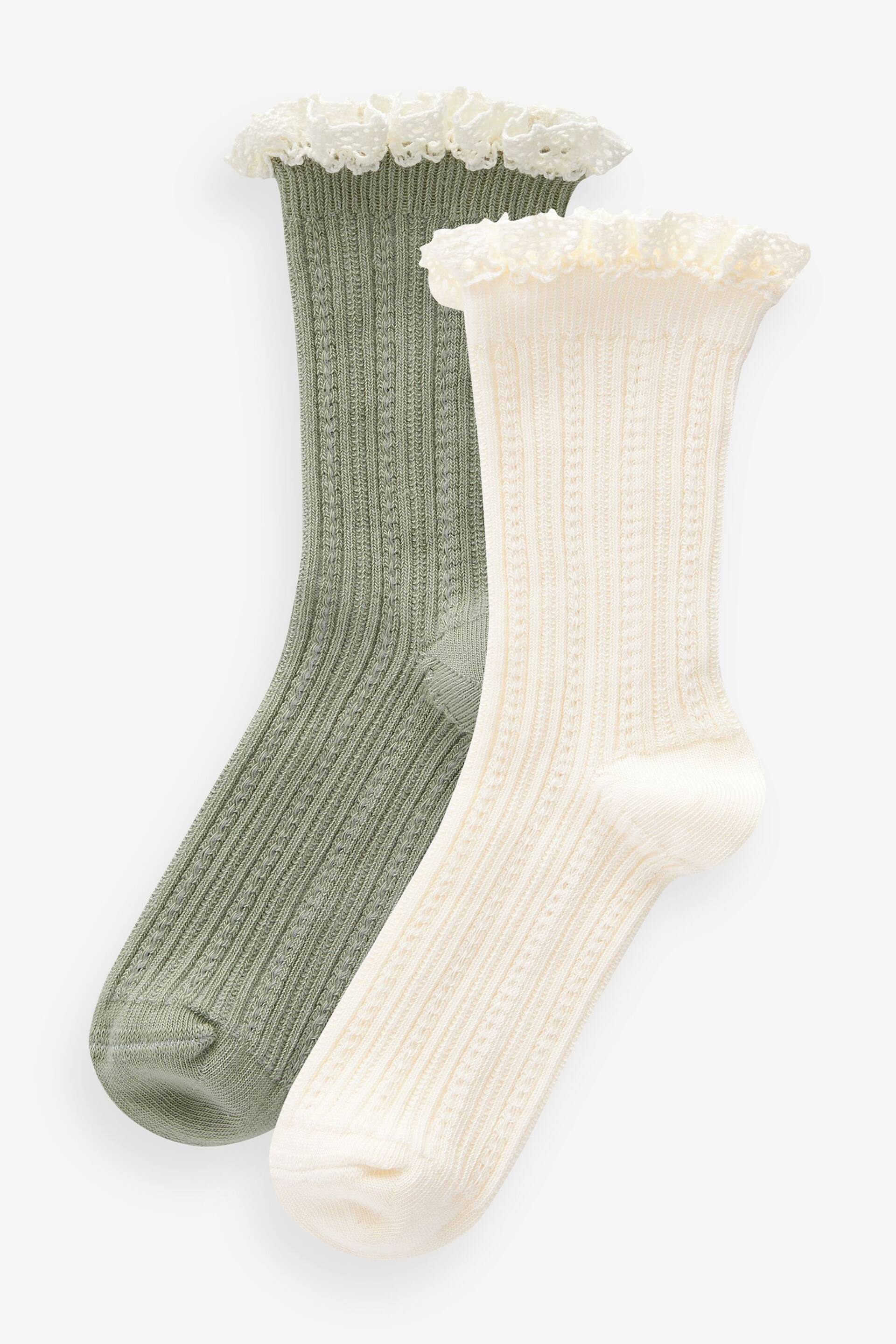 Cream and Green Cotton Rich Ruffle Frill Ankle Socks 2 Pack - Image 1 of 3