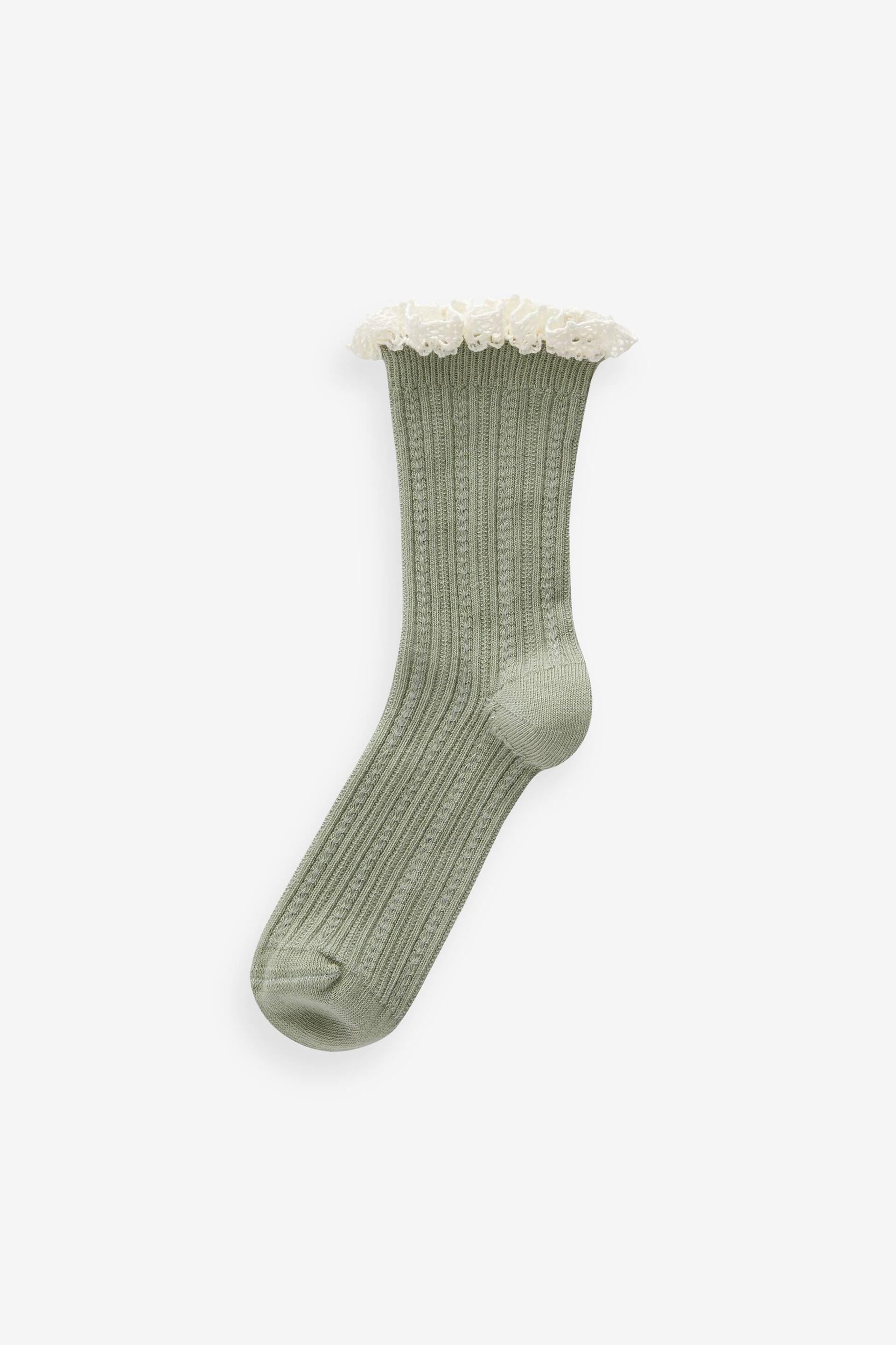 Cream and Green Cotton Rich Ruffle Frill Ankle Socks 2 Pack - Image 2 of 3