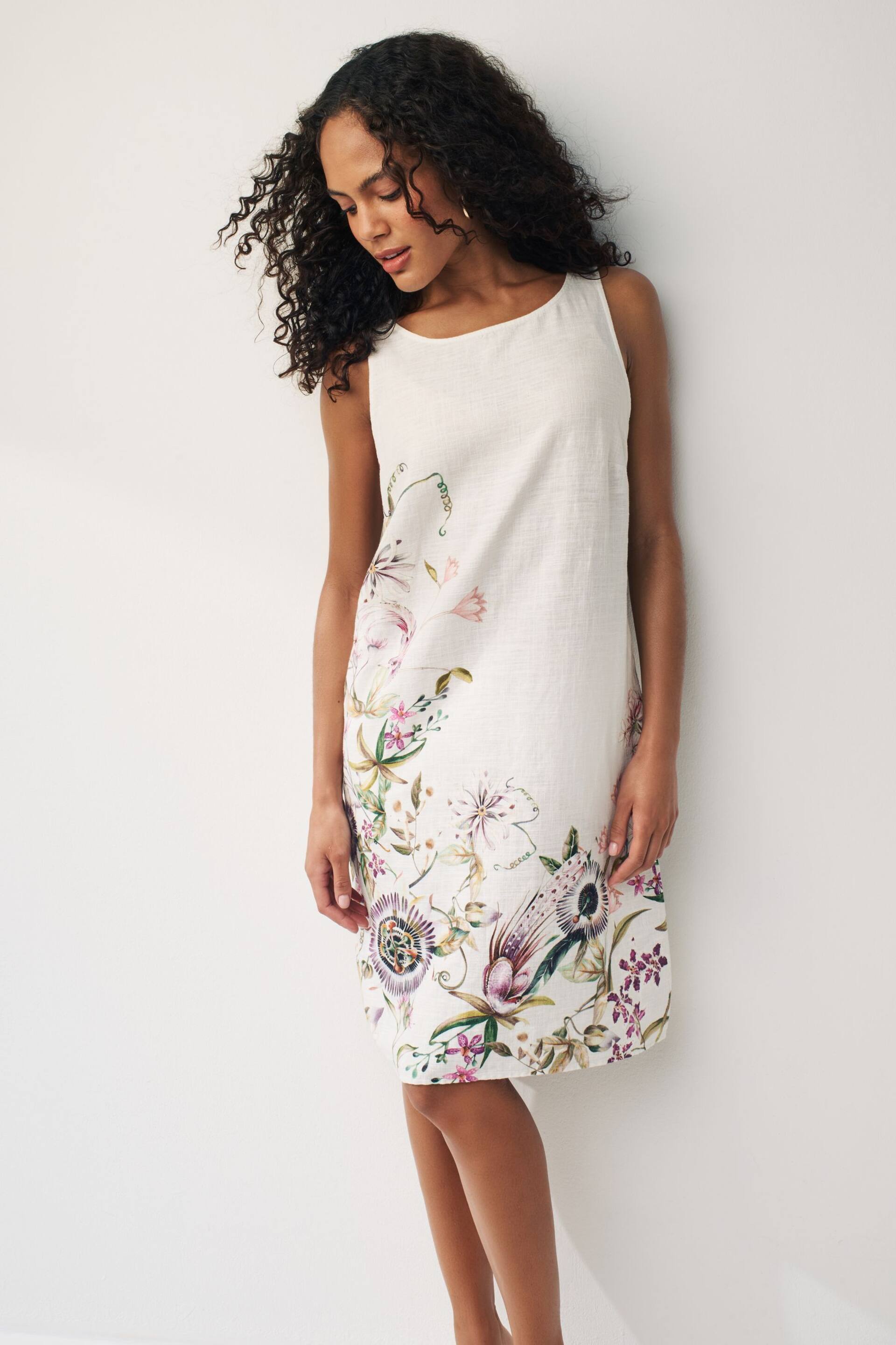 Ecru Cream Floral Linen Blend Sleeveless Shift Dress - Image 2 of 6