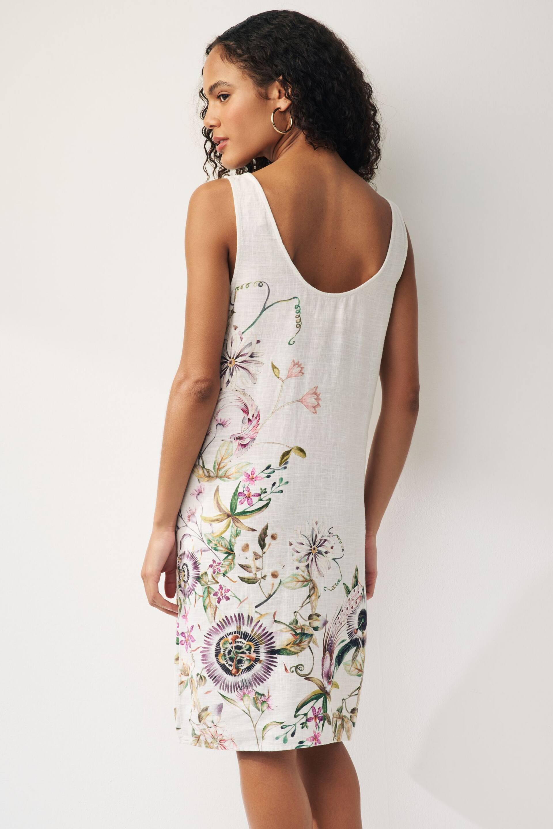 Ecru Cream Floral Linen Blend Sleeveless Shift Dress - Image 3 of 6