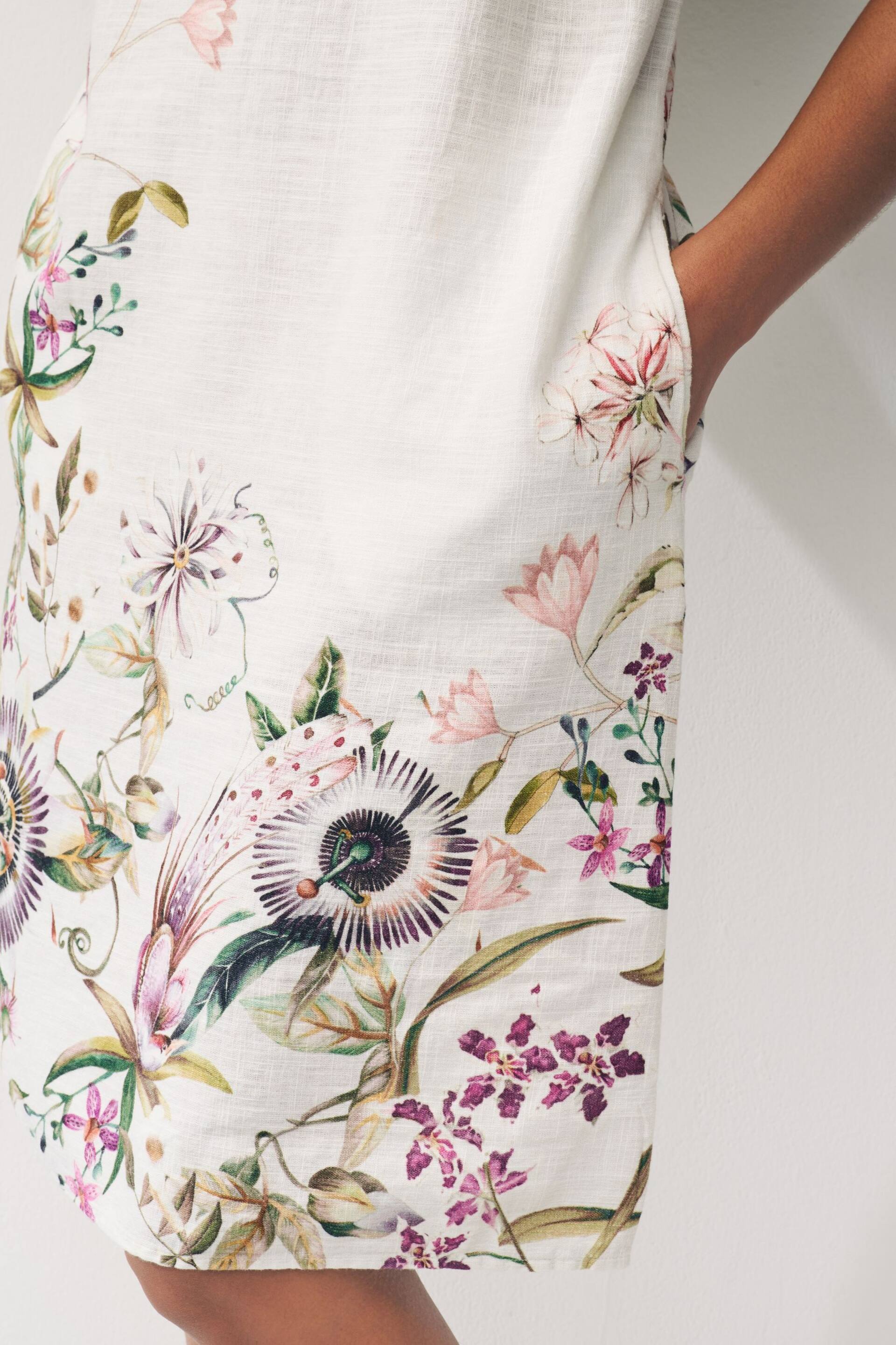 Ecru Cream Floral Linen Blend Sleeveless Shift Dress - Image 4 of 6