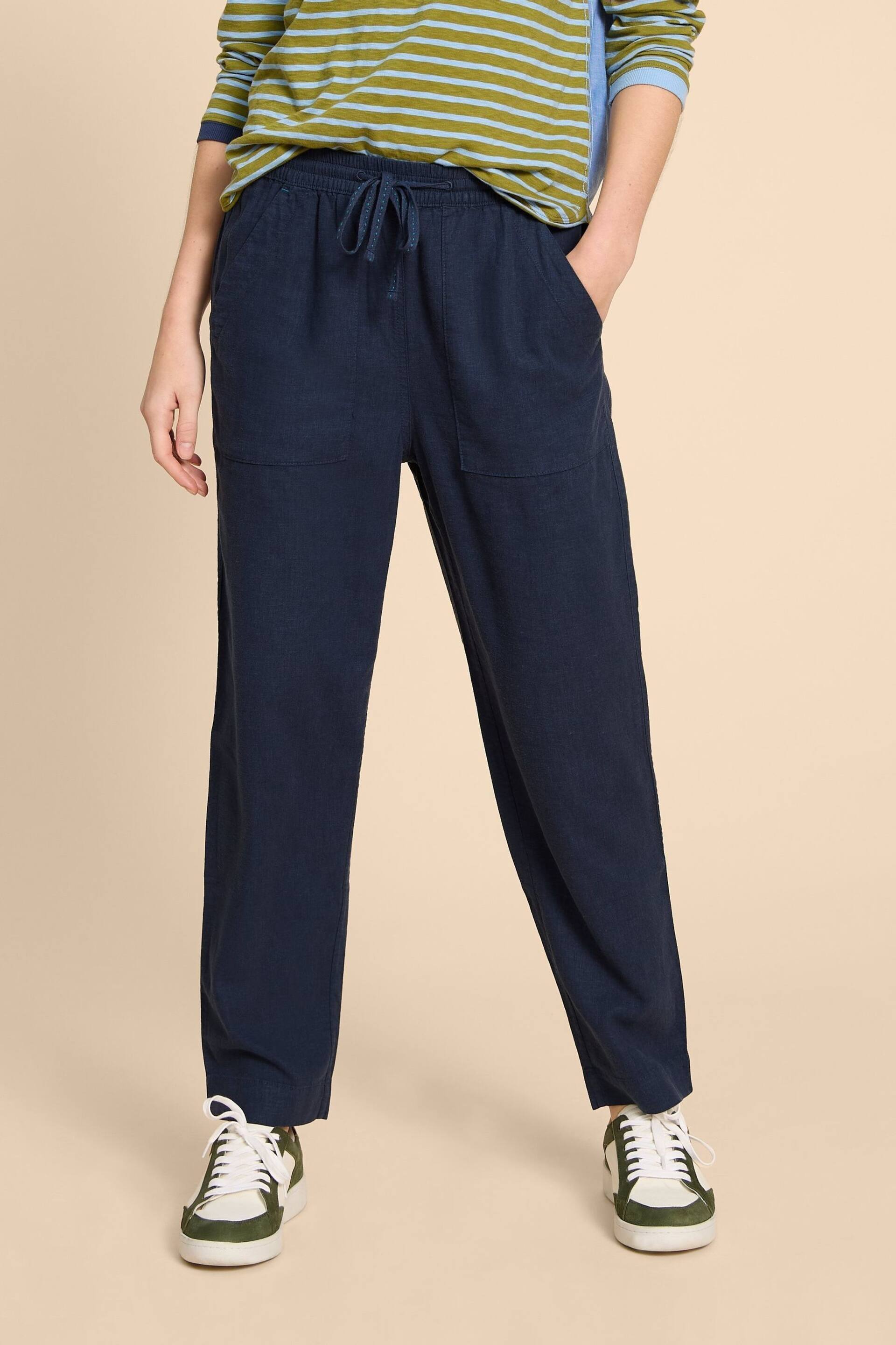 White Stuff Navy Blue Elle Linen Blend Trousers - Image 1 of 7