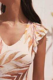 Ecru Cream Leaf Frill Sleeve Tummy Shaping Control Skirted Swim Dress - Image 5 of 6
